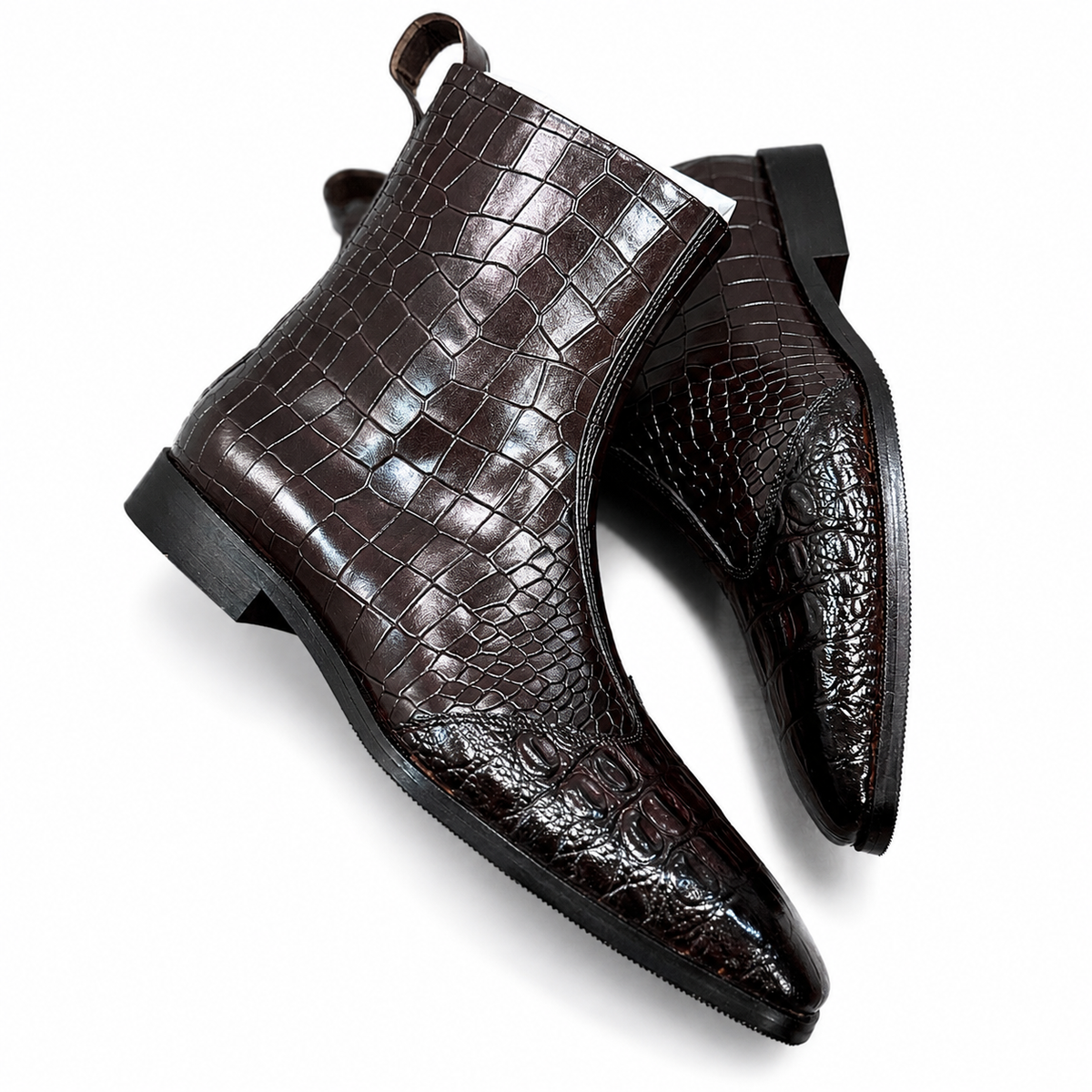 Dark Brown Croc-Embossed Leather Chelsea Boots