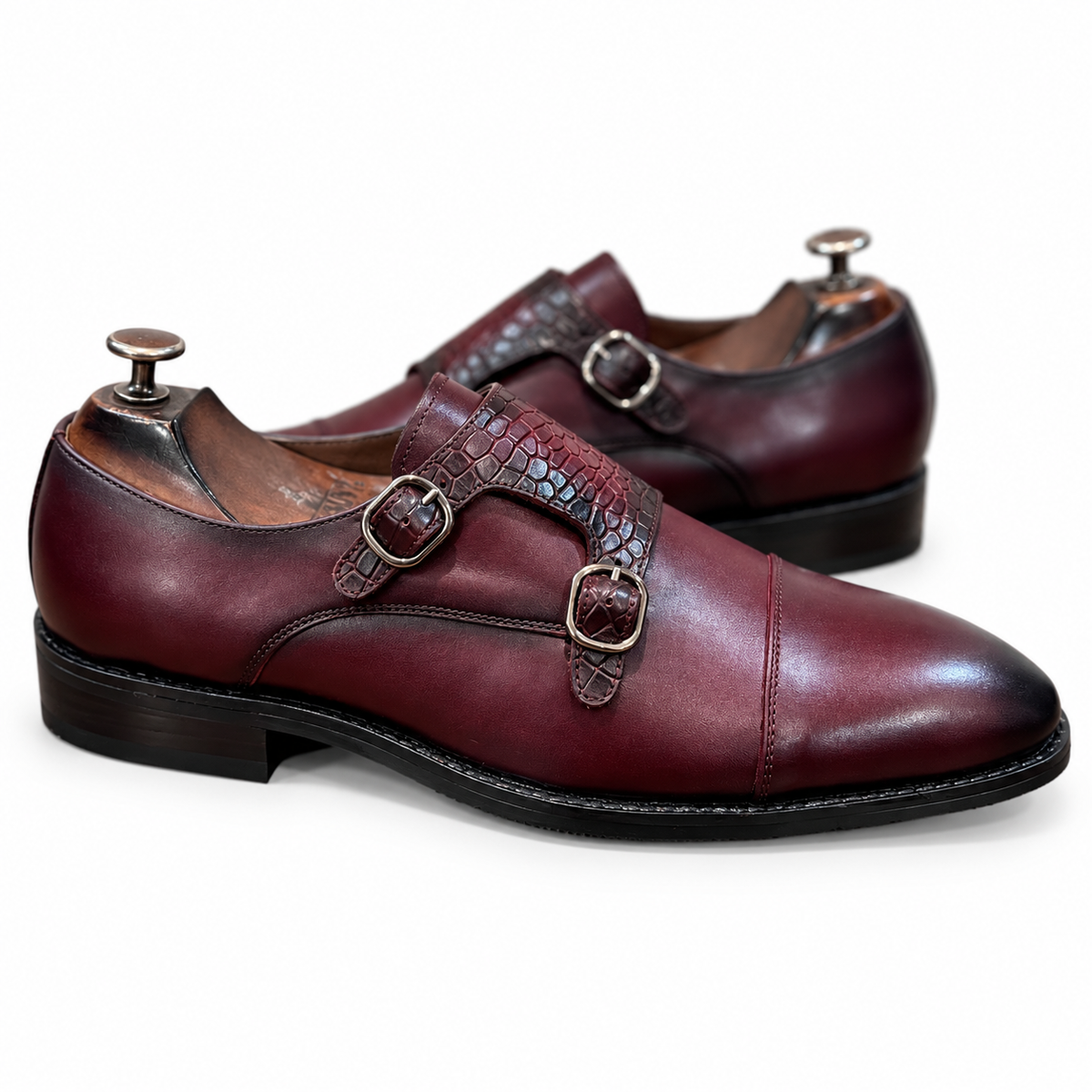 Bordeaux Twin-Texture Double Monk Shoes