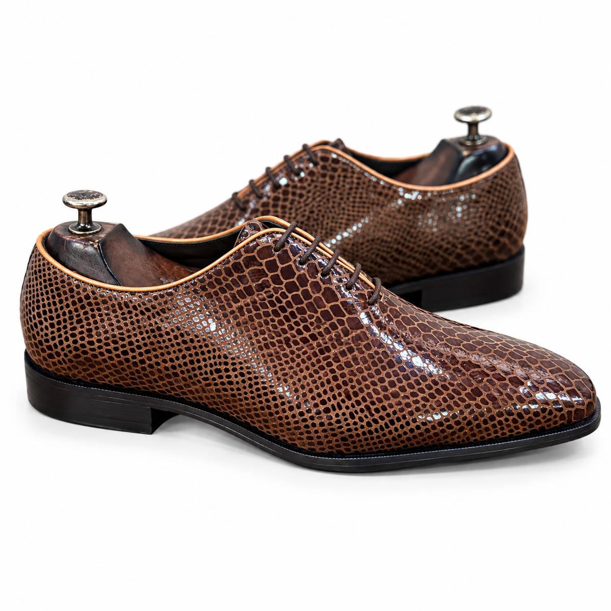Cognac Snake Foil Leather Oxfords