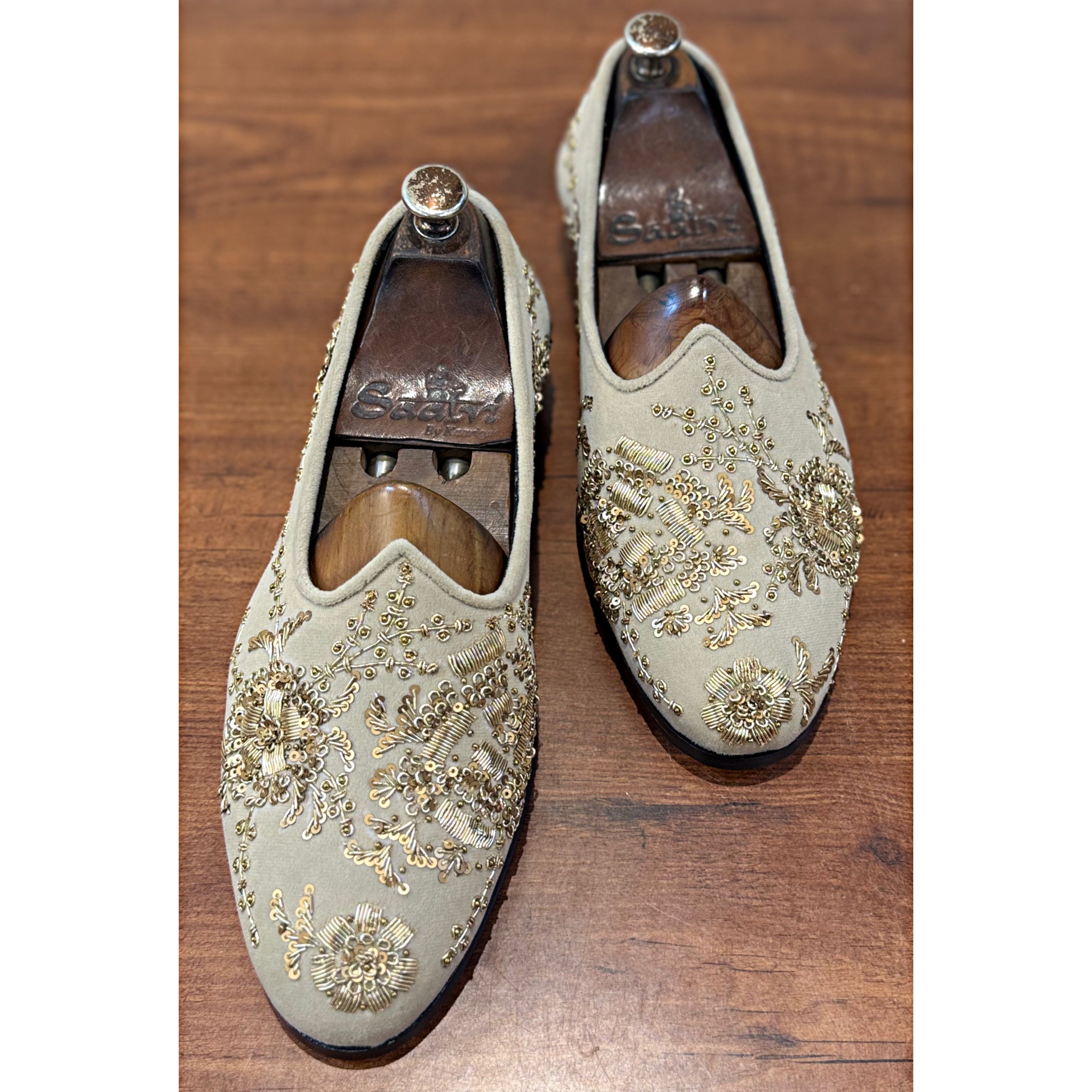 Cream Velvet Gold Zardosi Embroidery