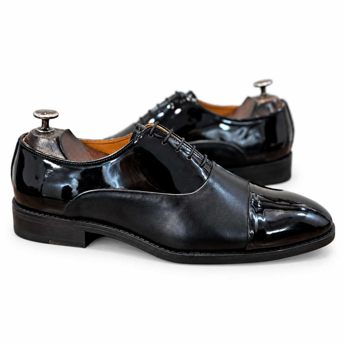 Noir Dual-Finish Patent Cap-Toe Oxfords