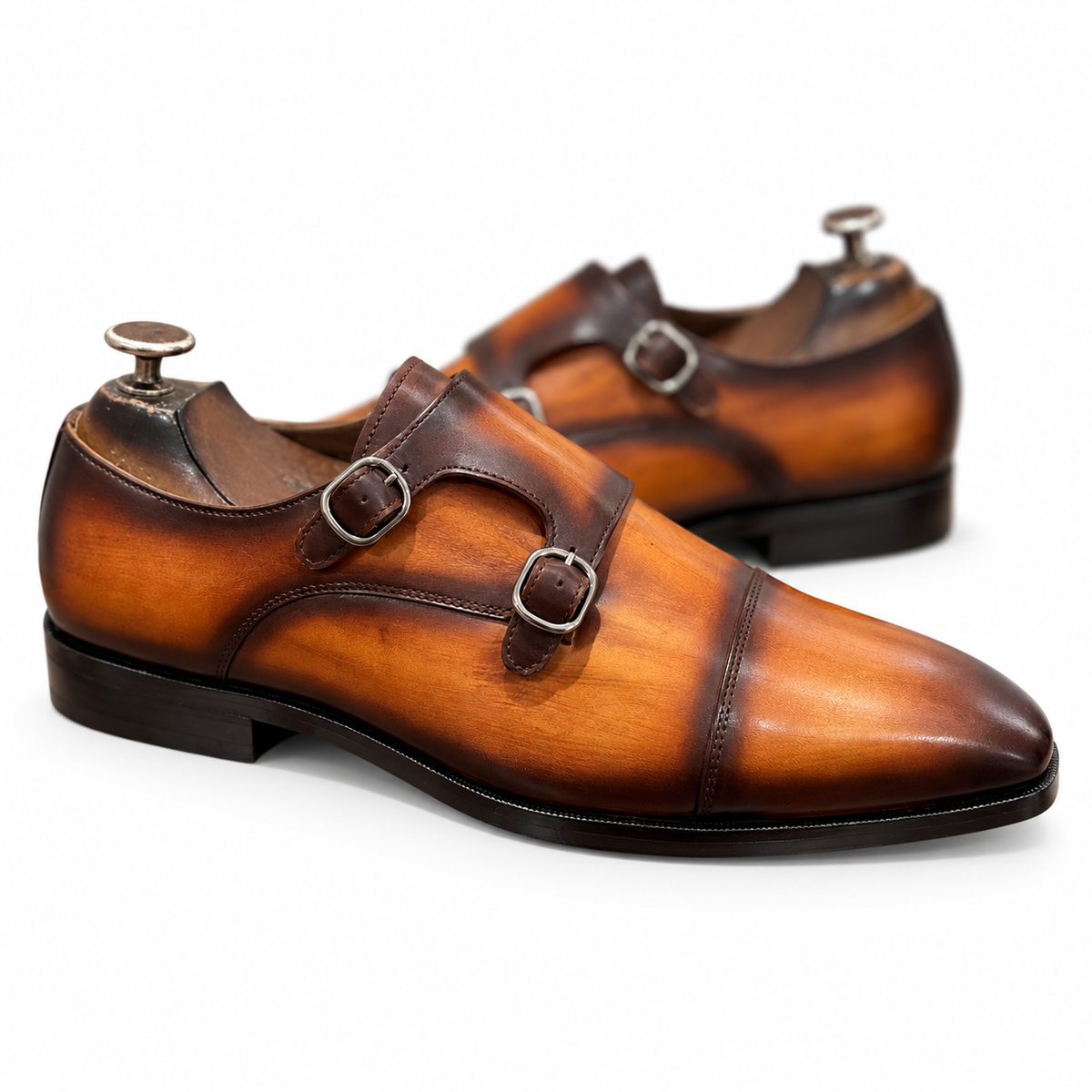 Tan Leather Double Monk Strap Hand Finished