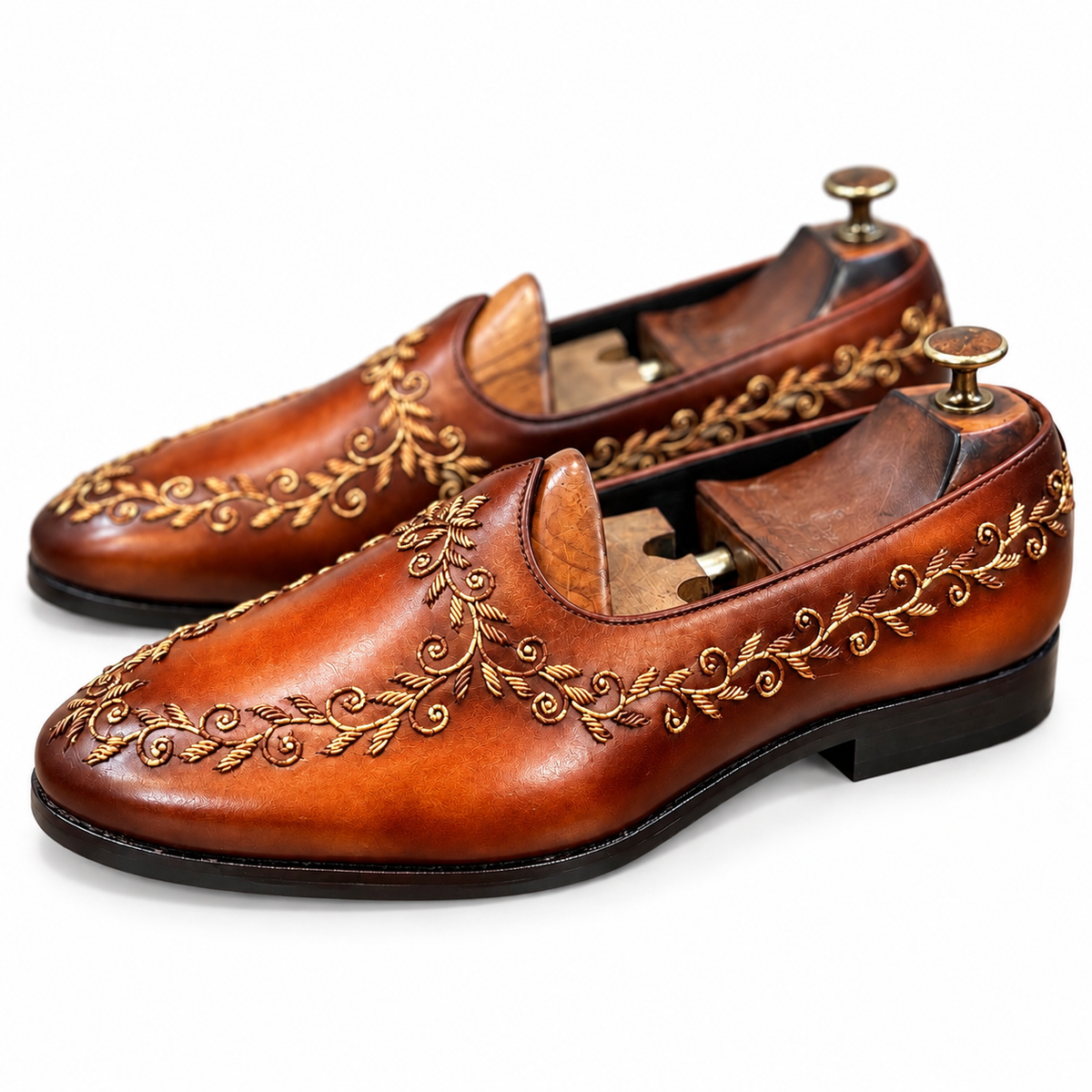 Raja Cognac Embroidered Leather Jalsa