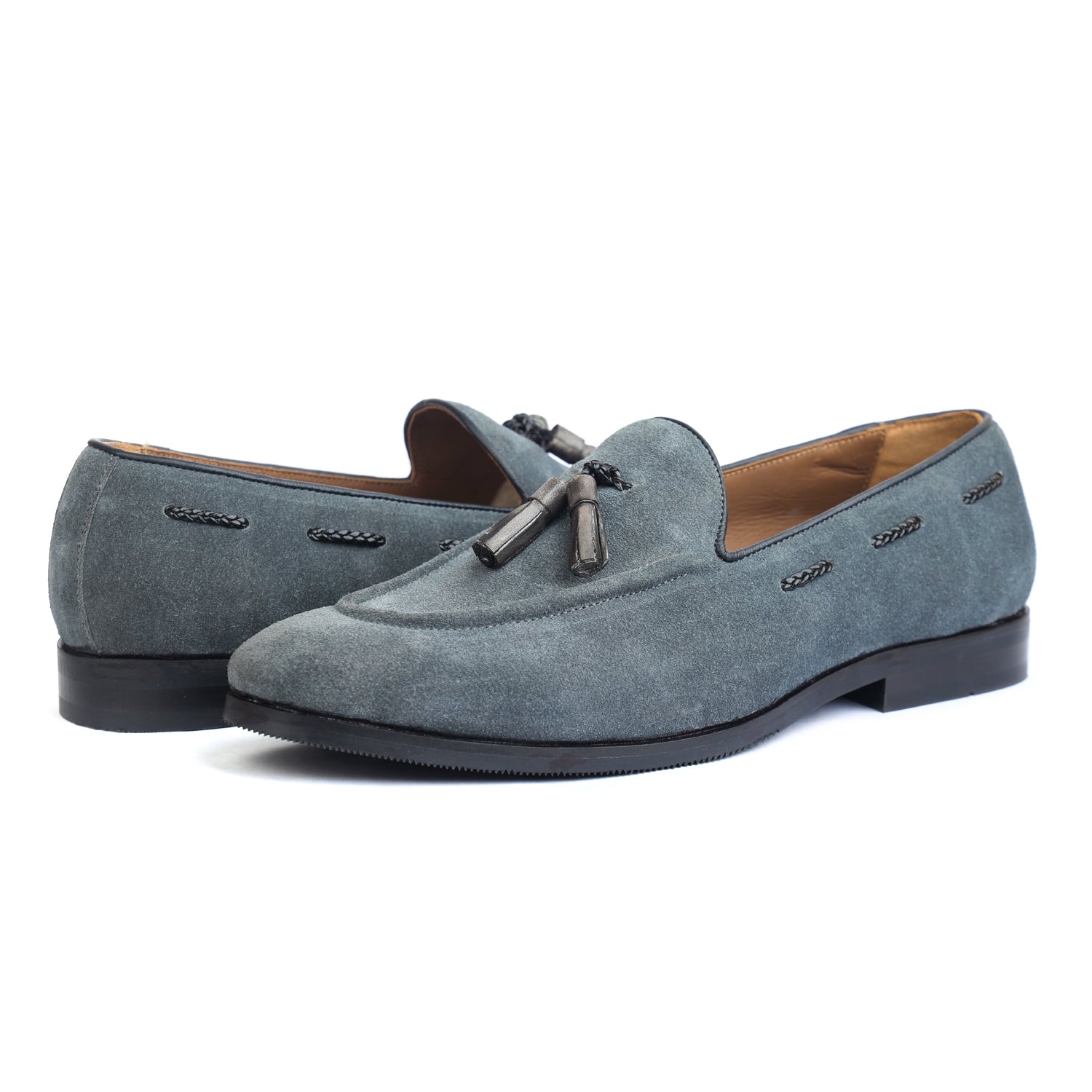 Grey Suede Loafers With Tassels