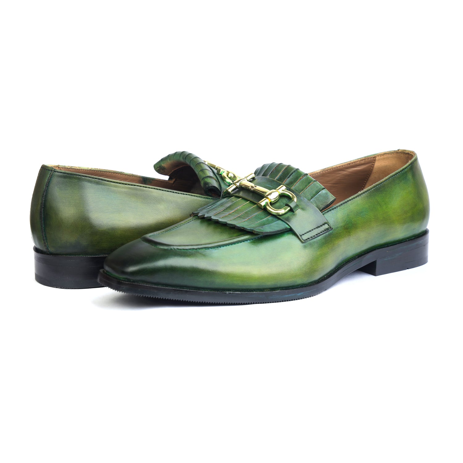 Green Hand Patina Loafers Fringes