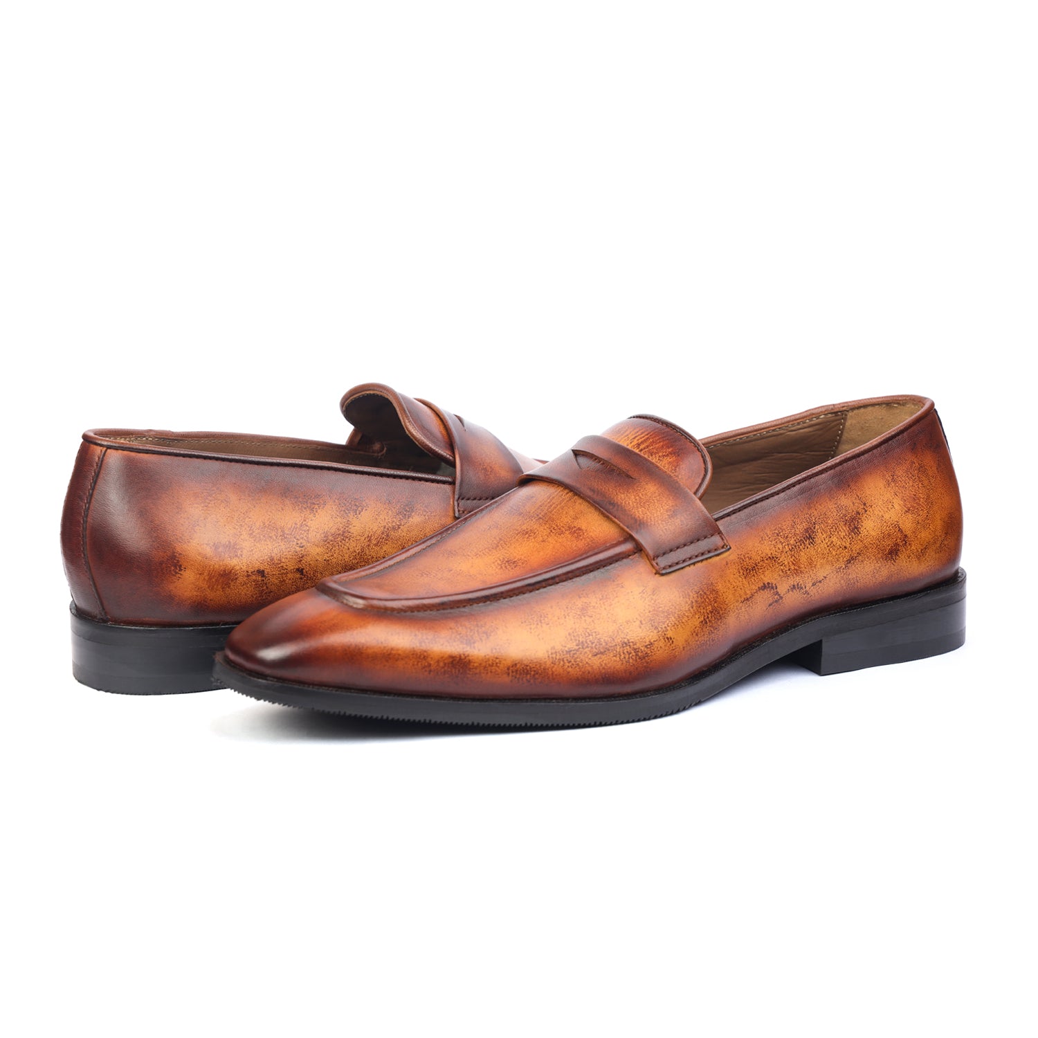 Tan Hand Patina Penny Loafers
