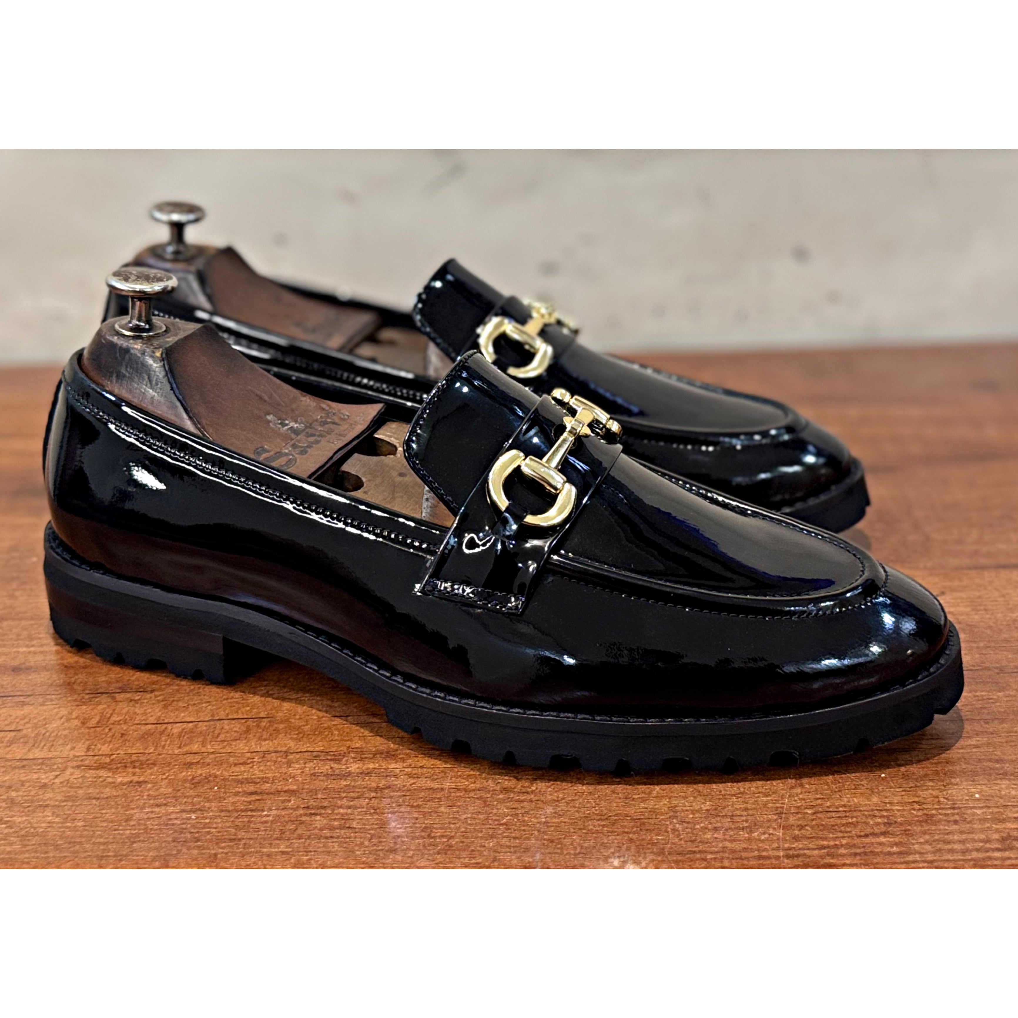 Black Patent Horsebit Loafers Chunky