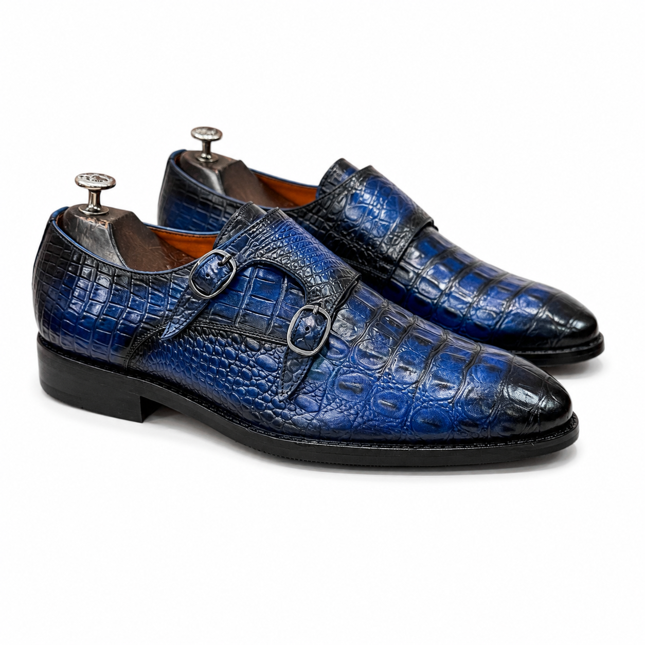 Cobalt Croc Double Monk Strap Shoes