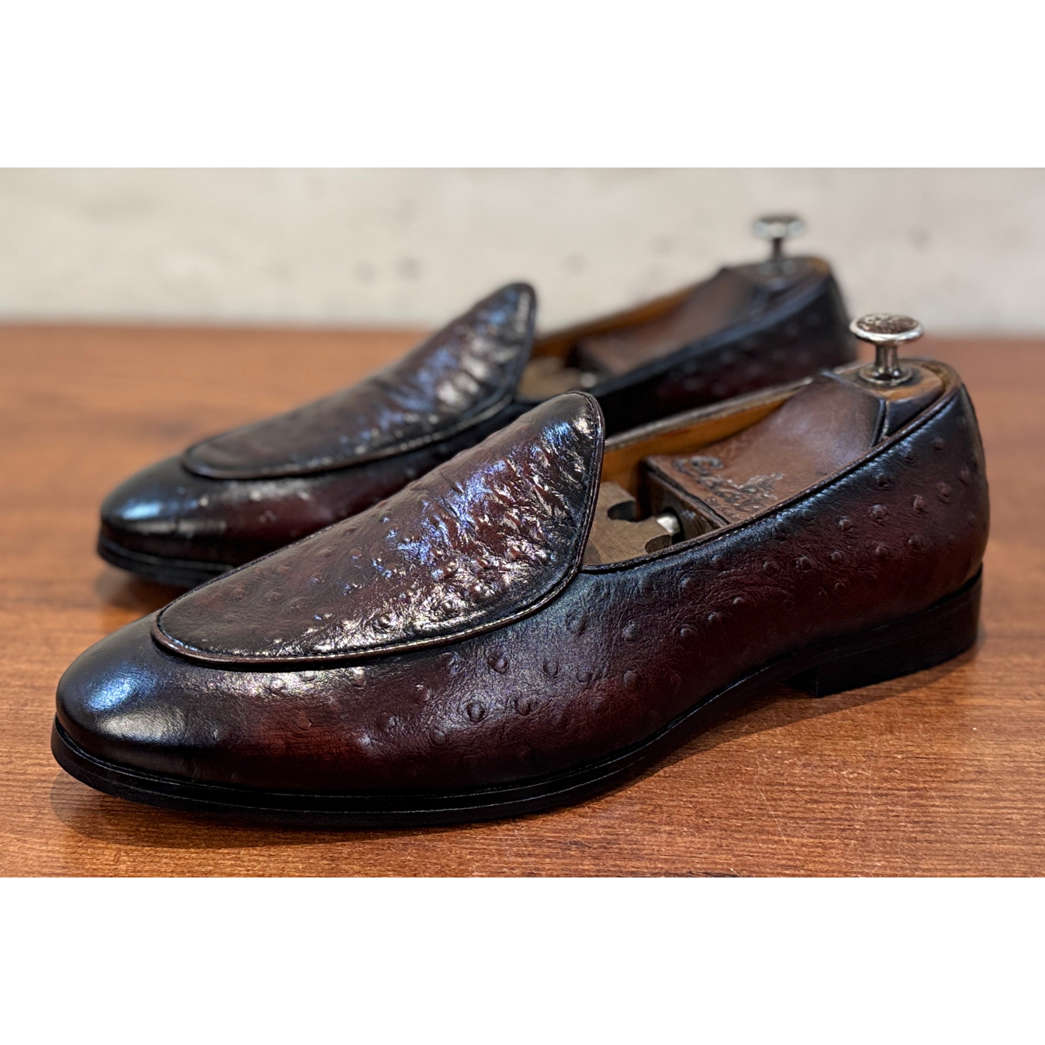 Men’s Dark Brown Ostrich-Embossed Leather Loafers – Luxury Slip-On Dress Shoes