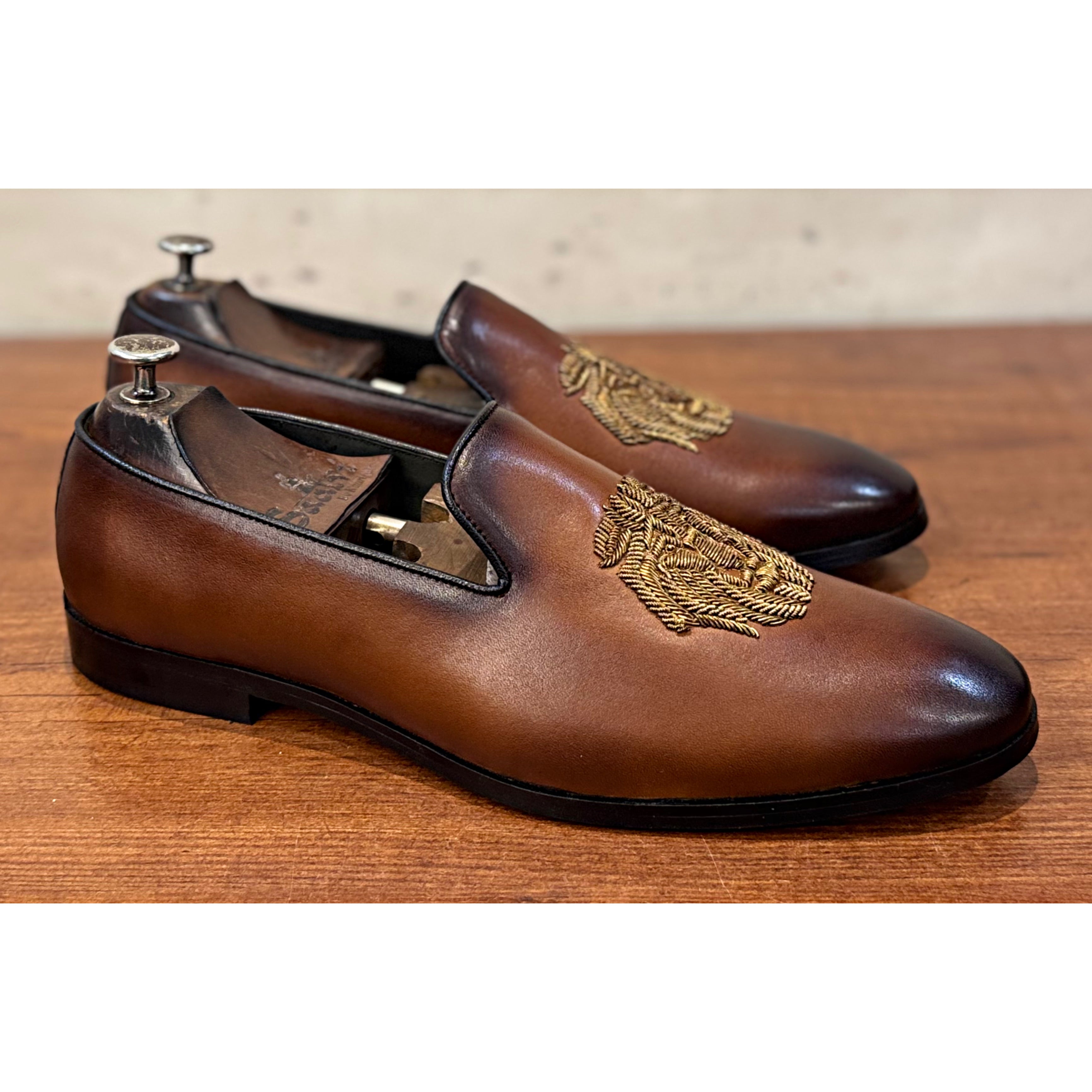 Tan Brown Lion Zardosi Slipons