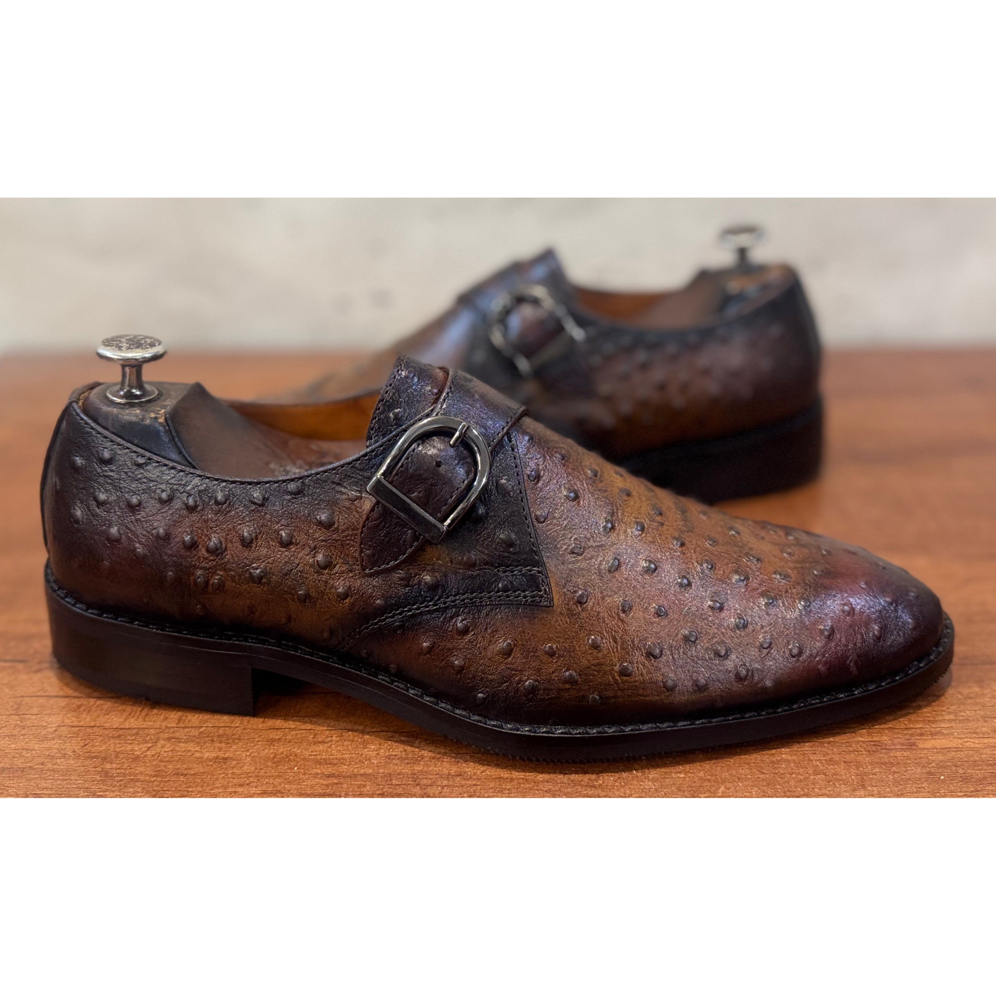 T Brown Ostrich Single Monk Straps