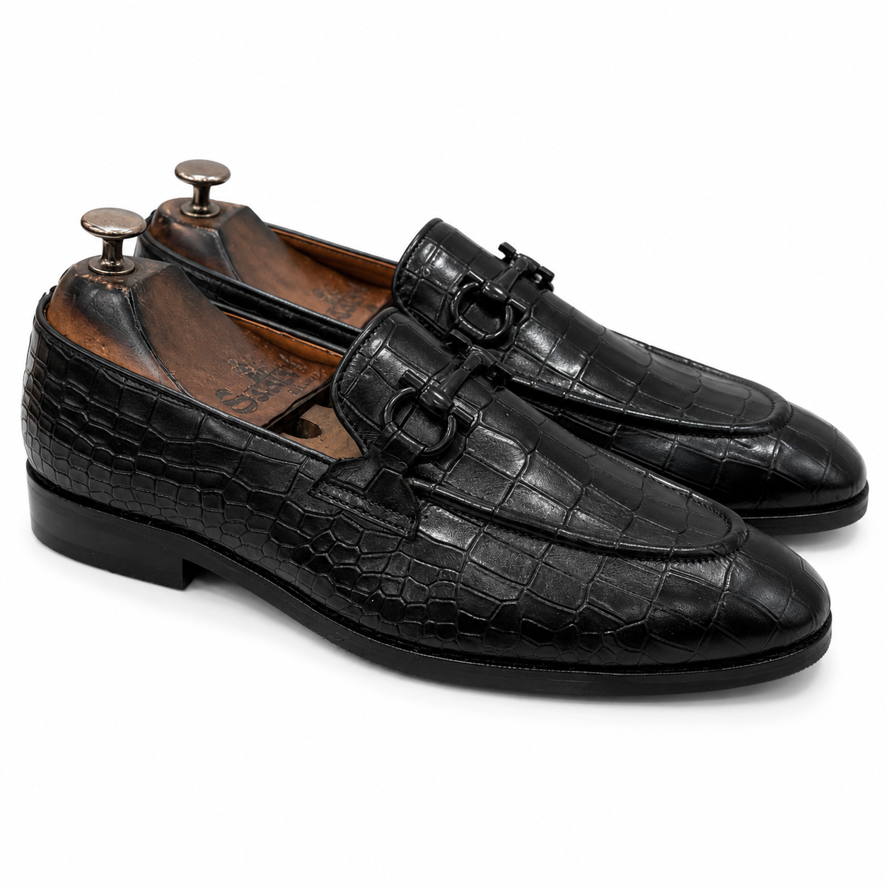 Black Crocodile Loafers With Black Metal Trim