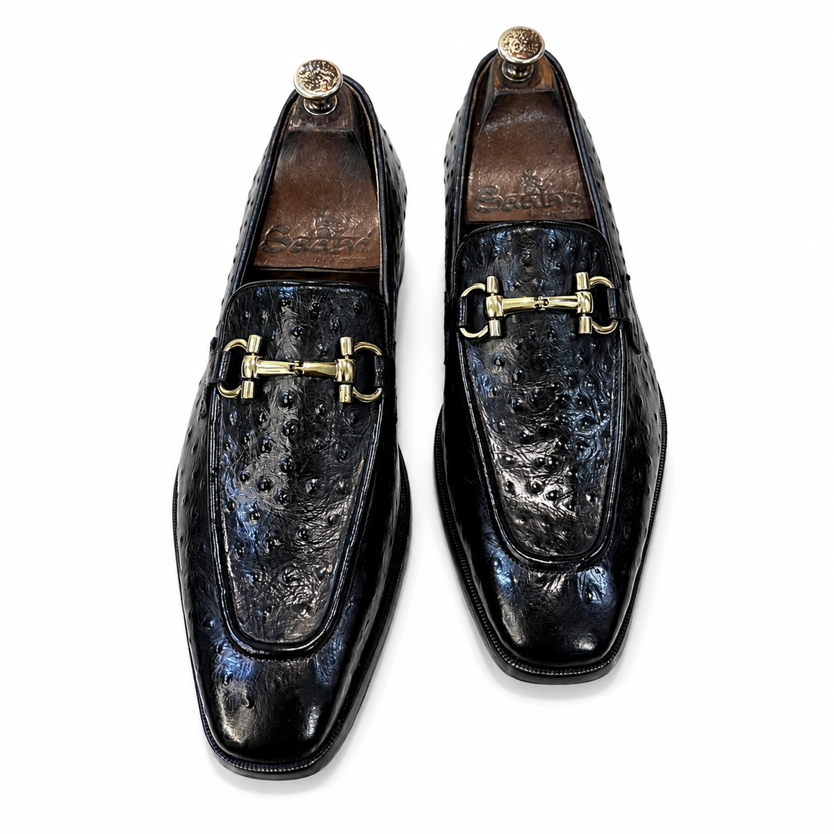 Men’s Black Ostrich-Embossed Leather Horsebit Loafers – Luxury Slip-On Formal Shoes