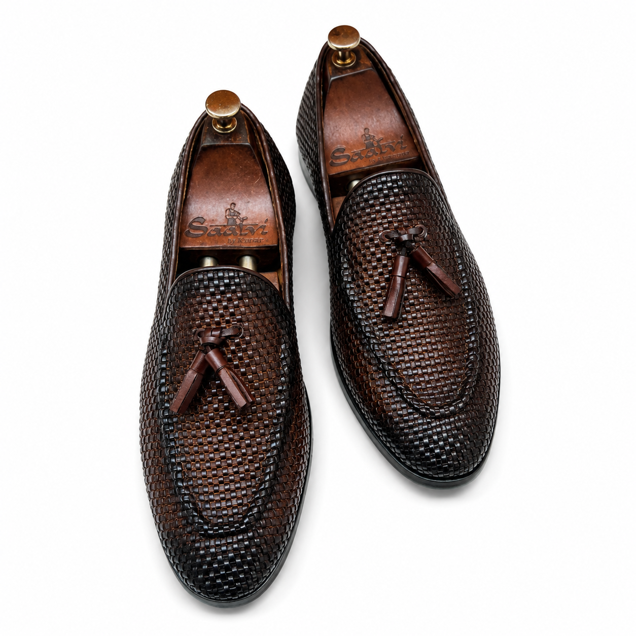 Brown Hand Woven Loafers With Tassels