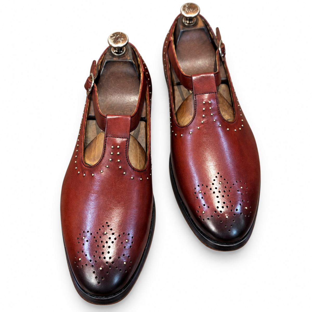 Burgundy Studded T-Bar Sandals