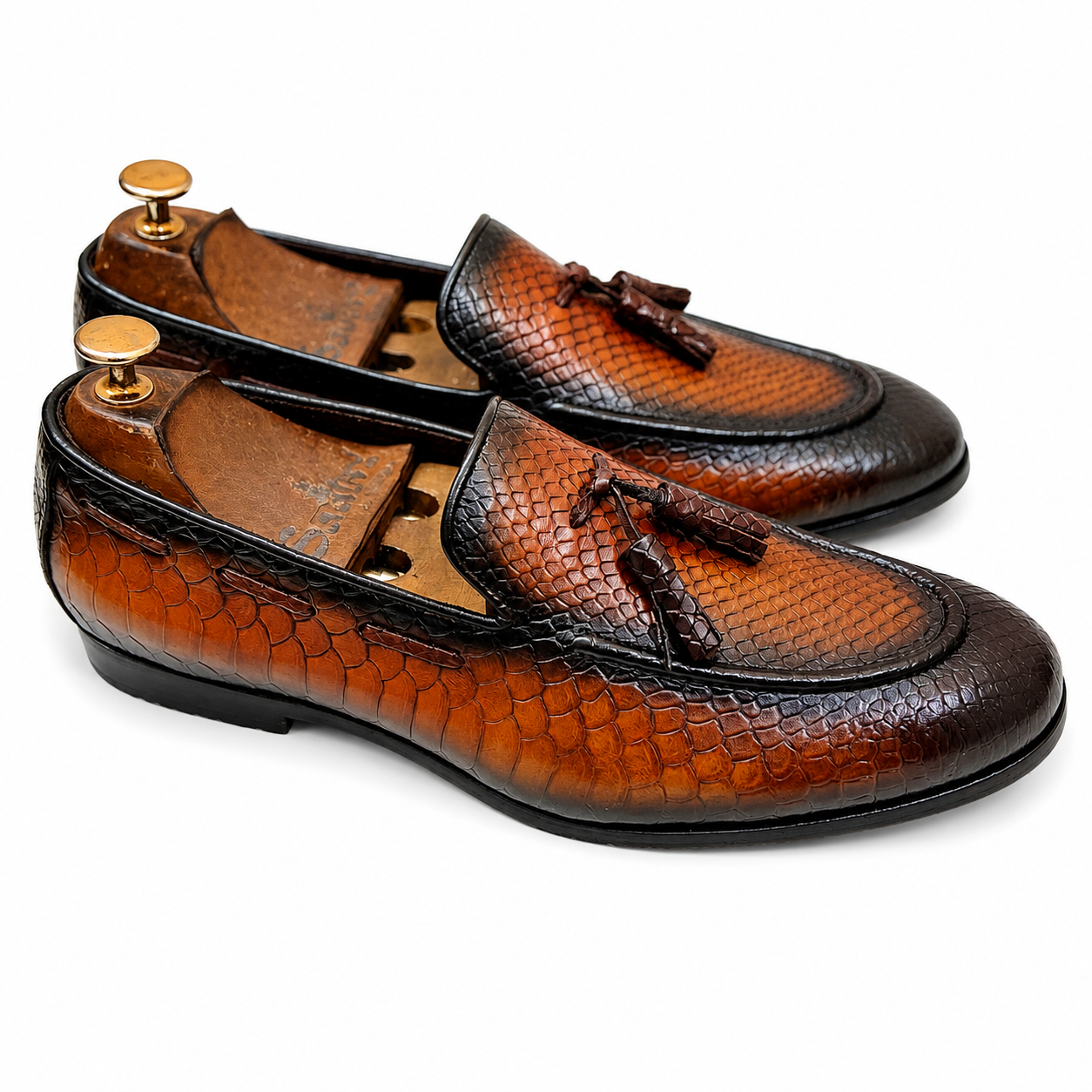 Python Embossed Loafers With Tassels Hand Finished