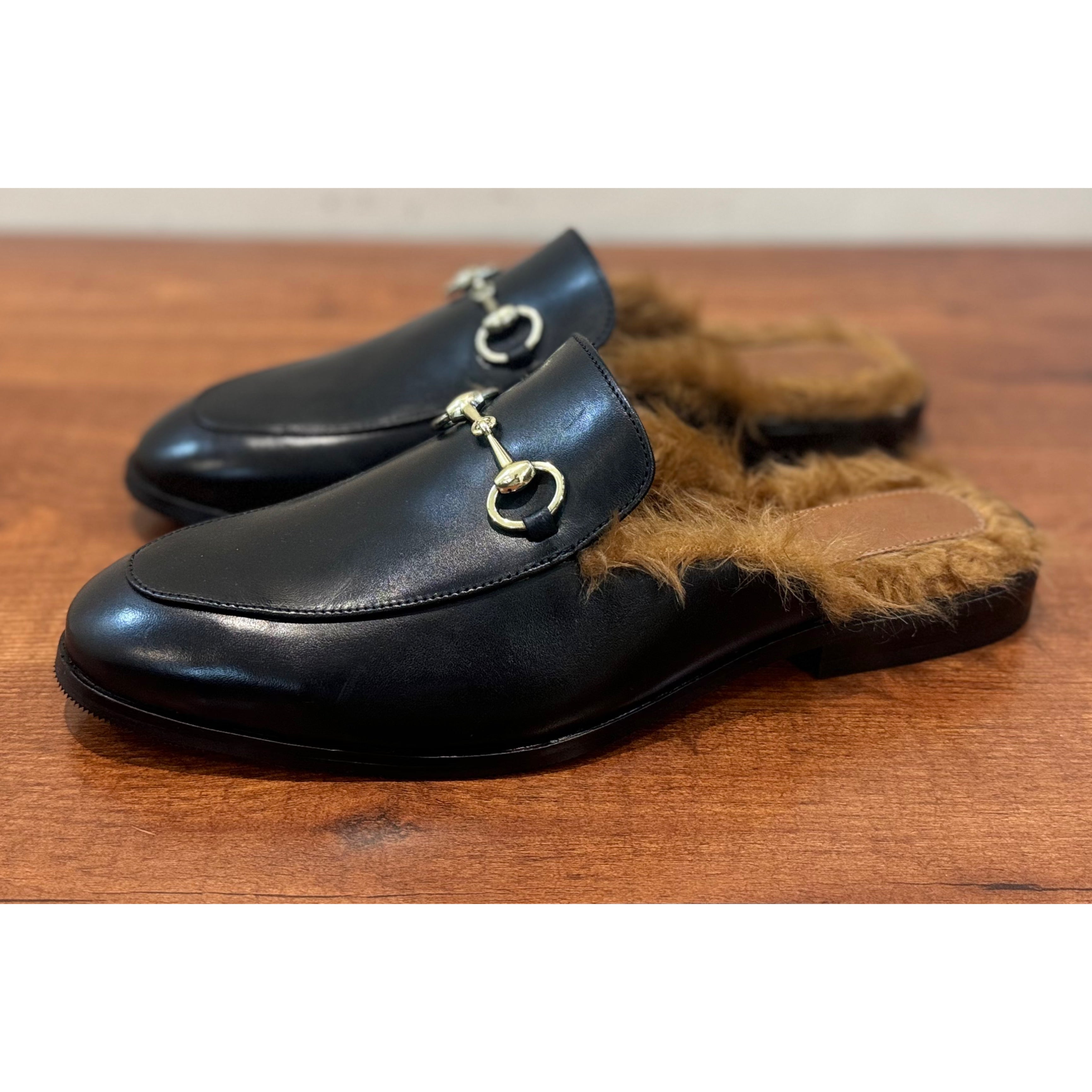 Black Horsebit Mules With Fur