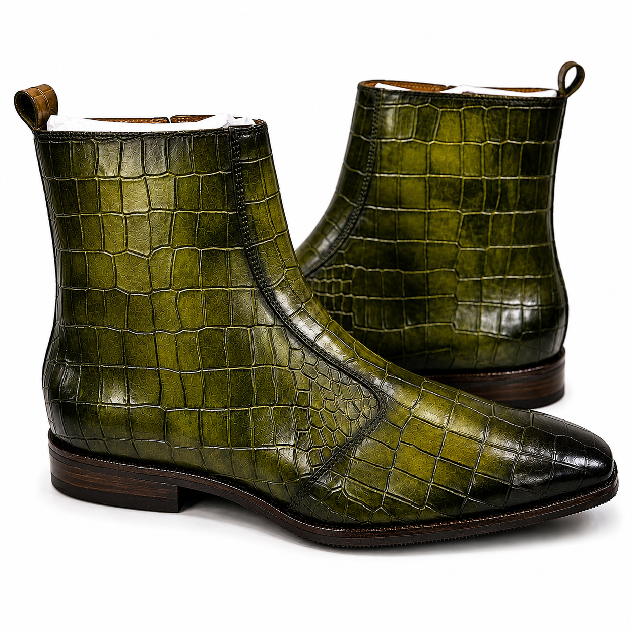 Olive Croco Embossed Leather Ankle Boots
