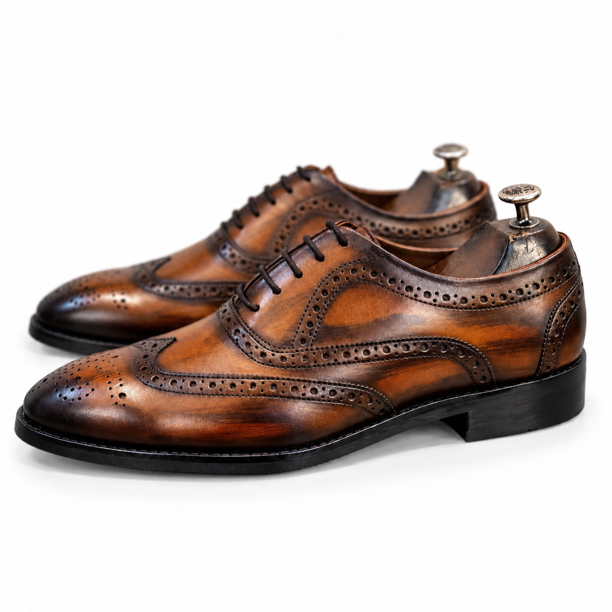 Cognac Royale Hand-Patina Wingtip Oxford Shoes