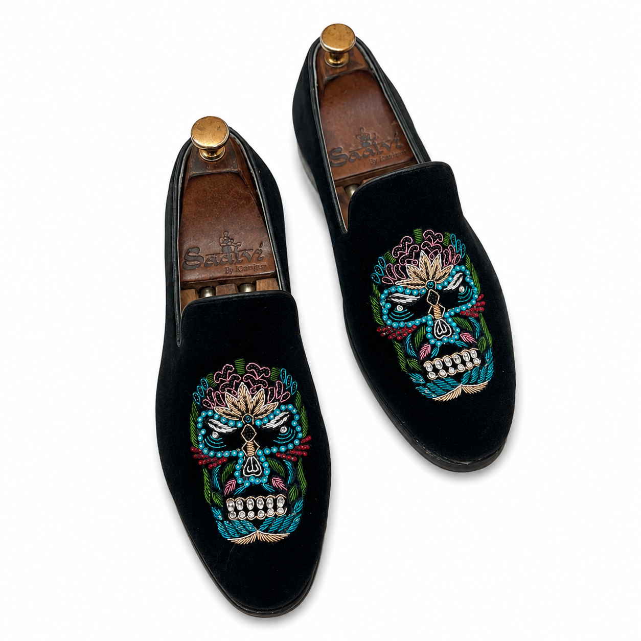 Noir Calavera Zardosi Velvet Slip-Ons