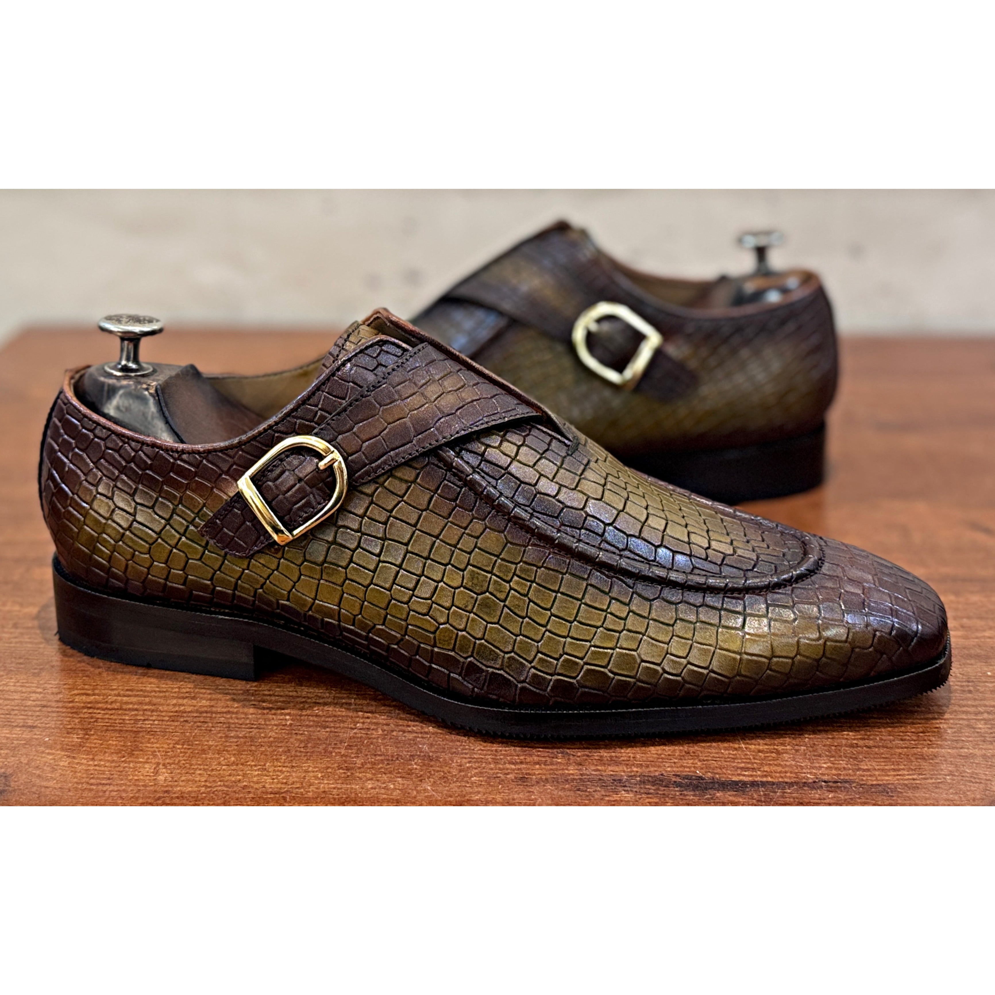 The Croco Monarch Monk – Olive Brown Croc Texture Monk Strap Shoes