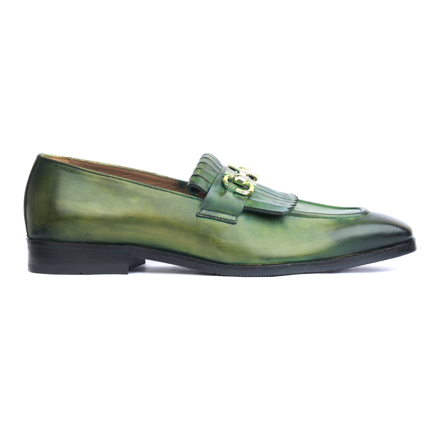 Green Hand Patina Loafers Fringes