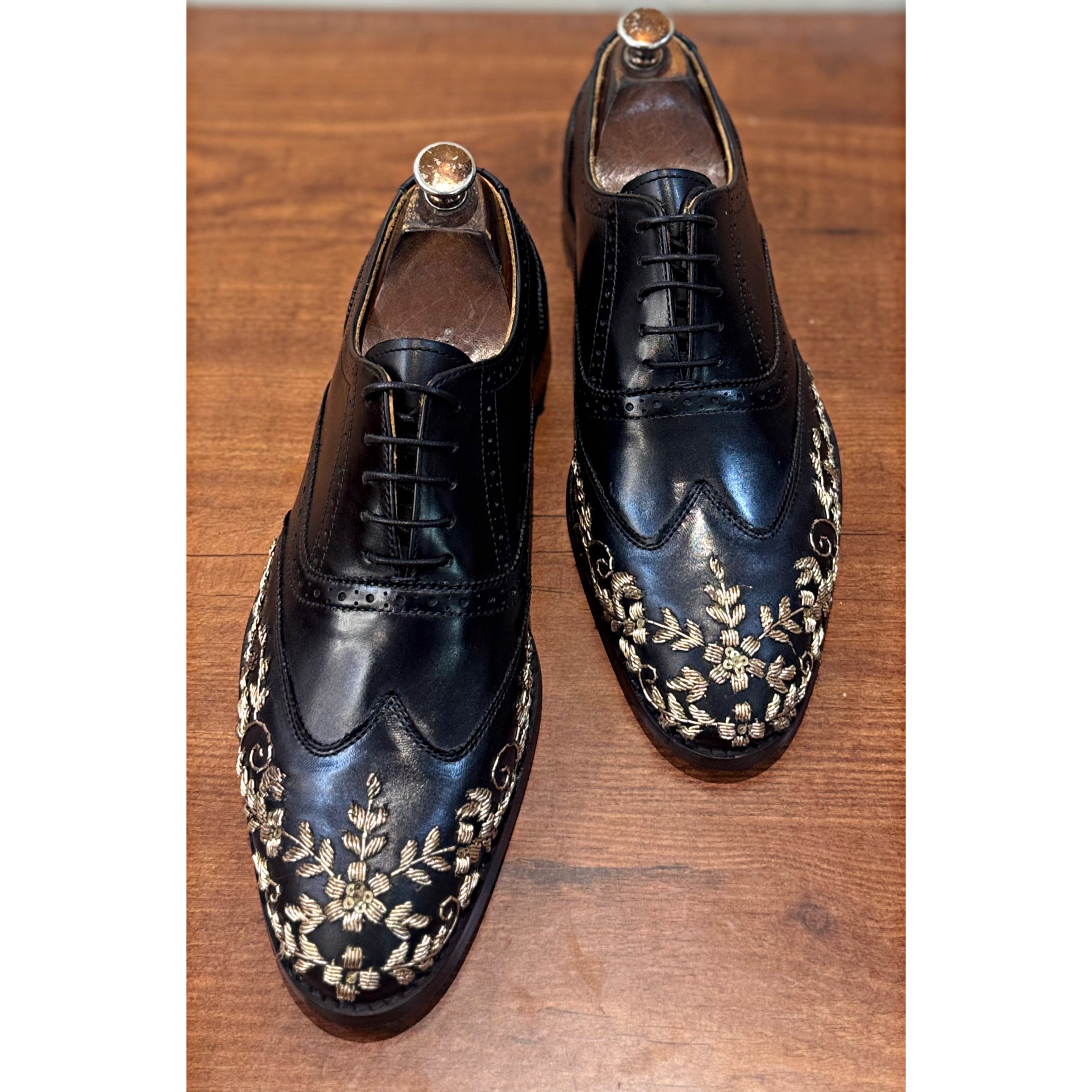 Golden Zardosi Wingtip Black Lace ups