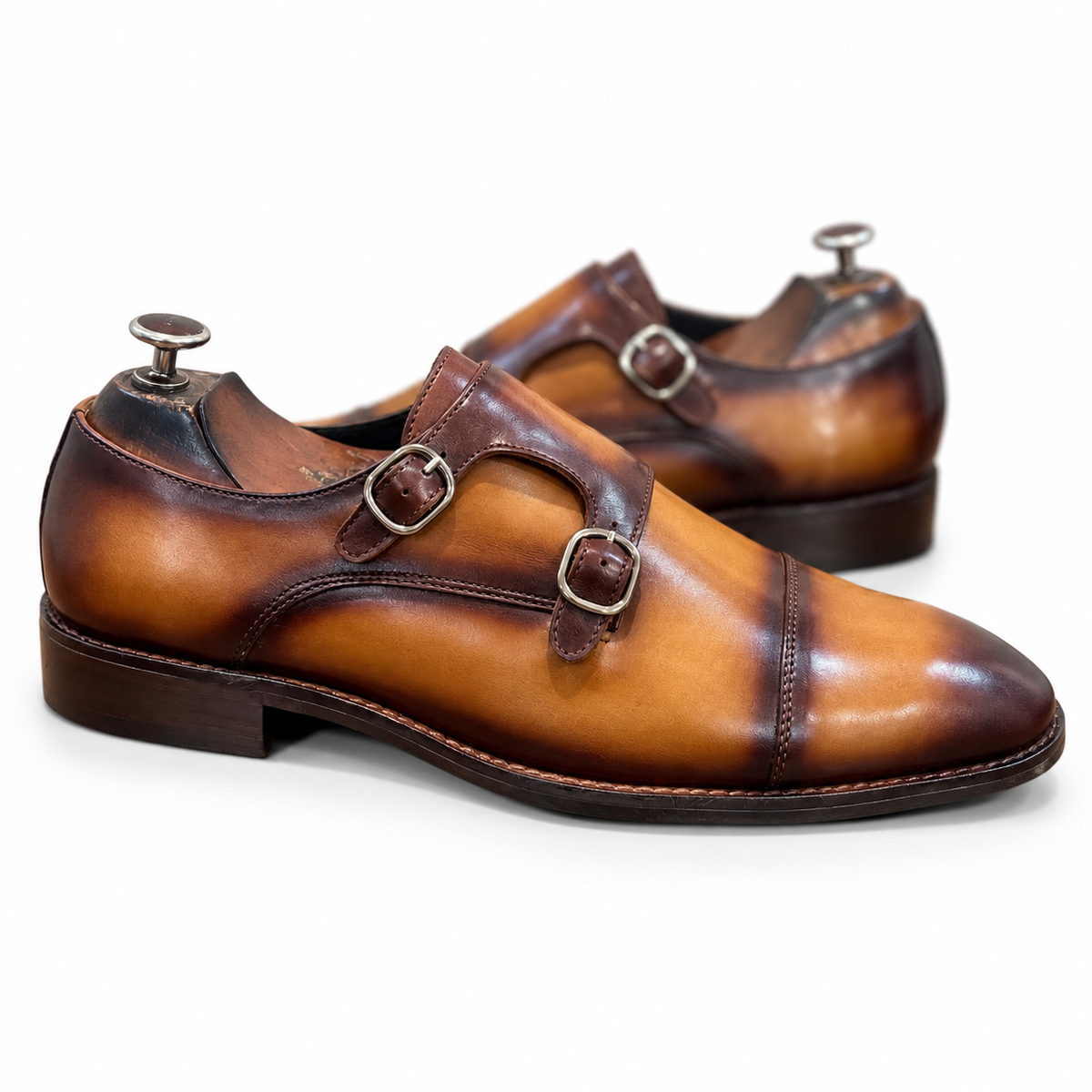 Tan Royale Hand-Patina Double Monk Strap Shoes