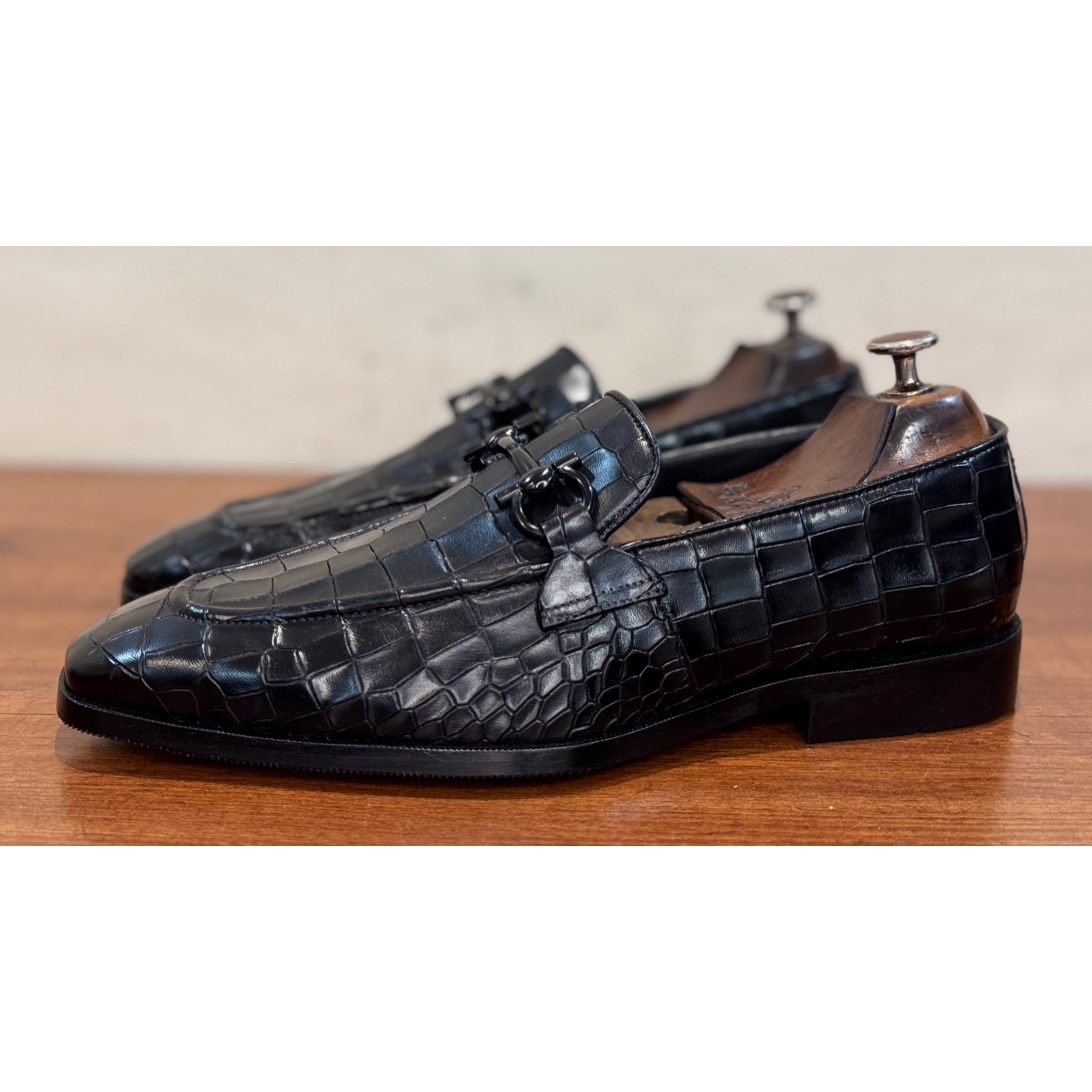 Black Crocodile Loafers With Black Metal Trim