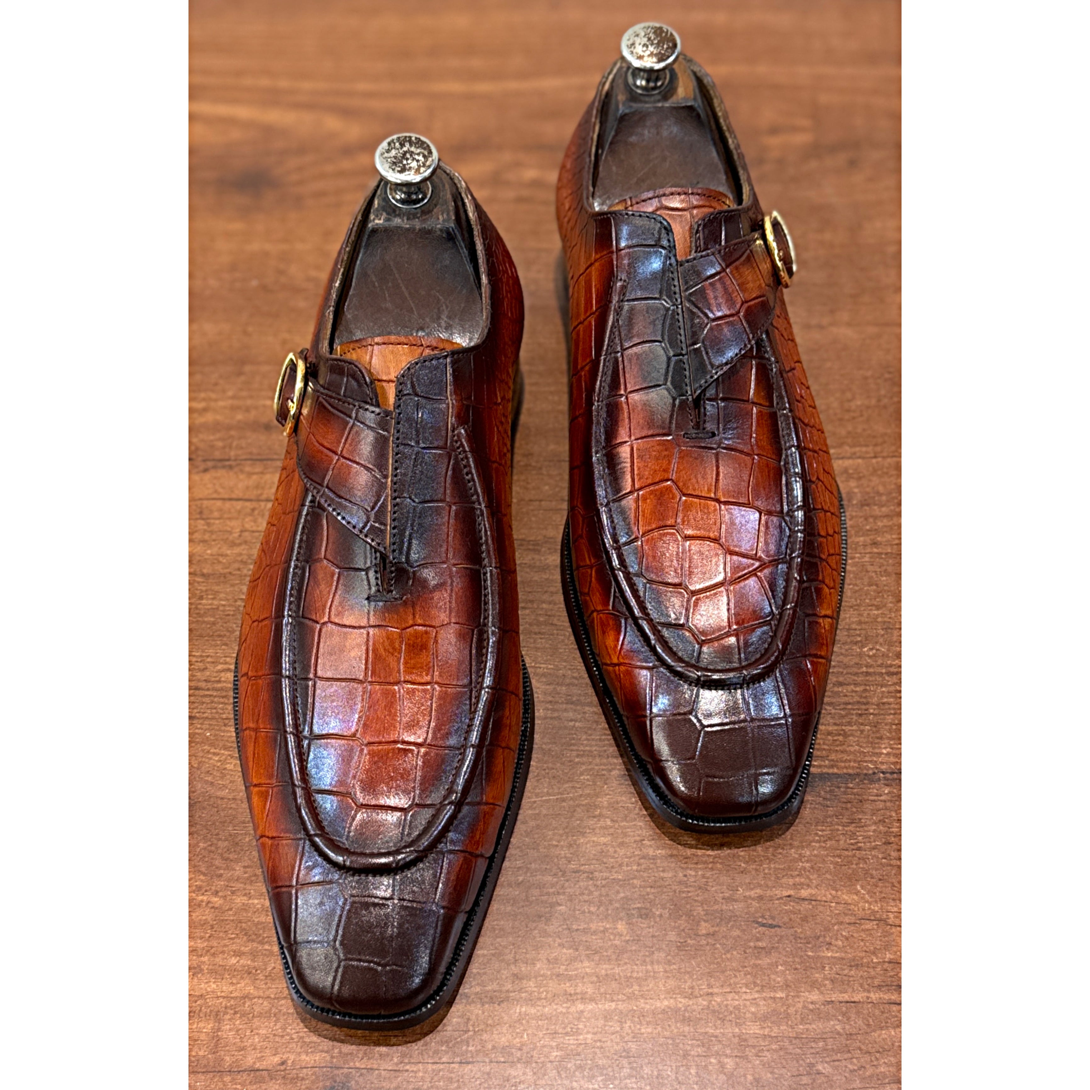 British Croc Patina Single Monk Shoes – Cognac