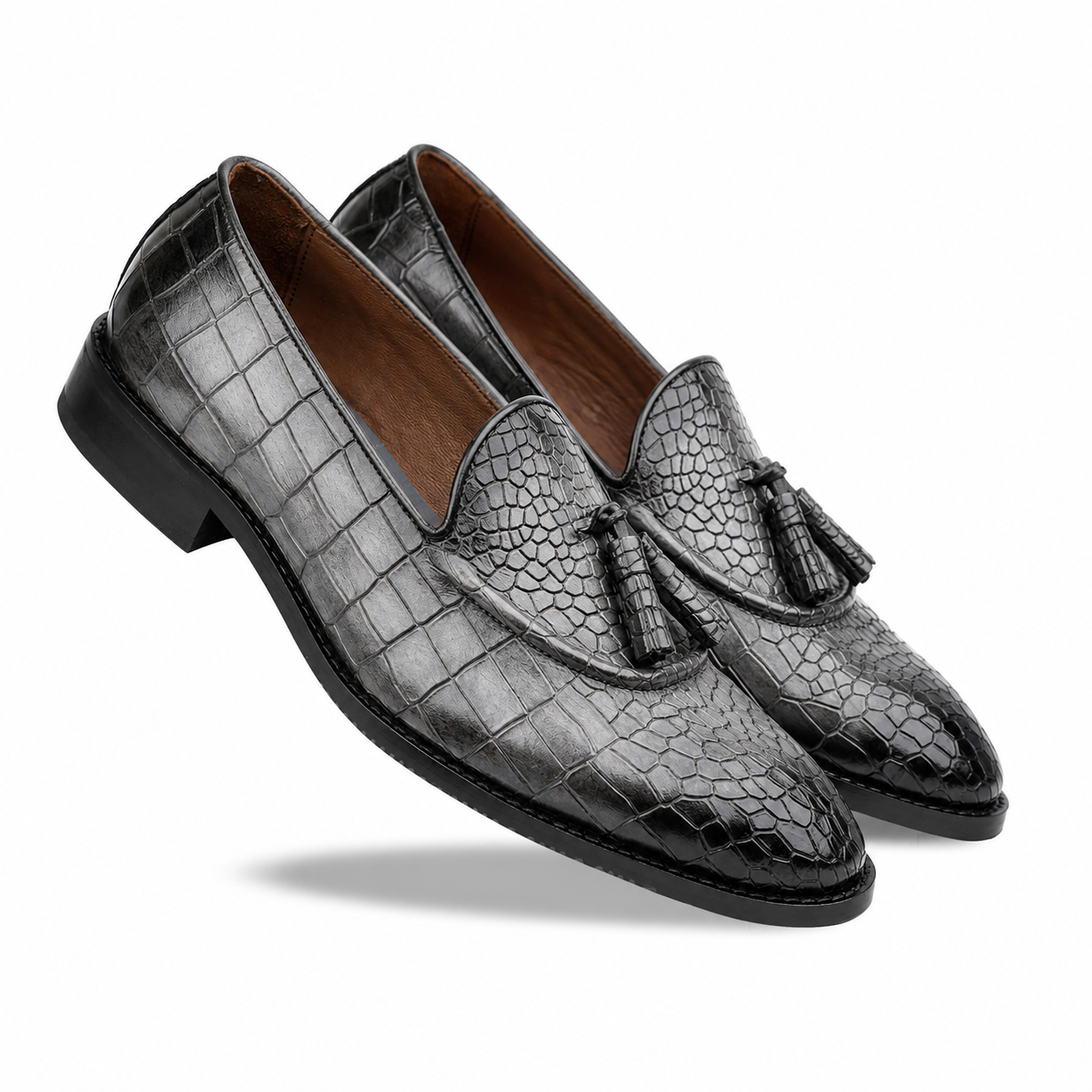 The Obsidian Crest – Black Croc Tassel Loafers