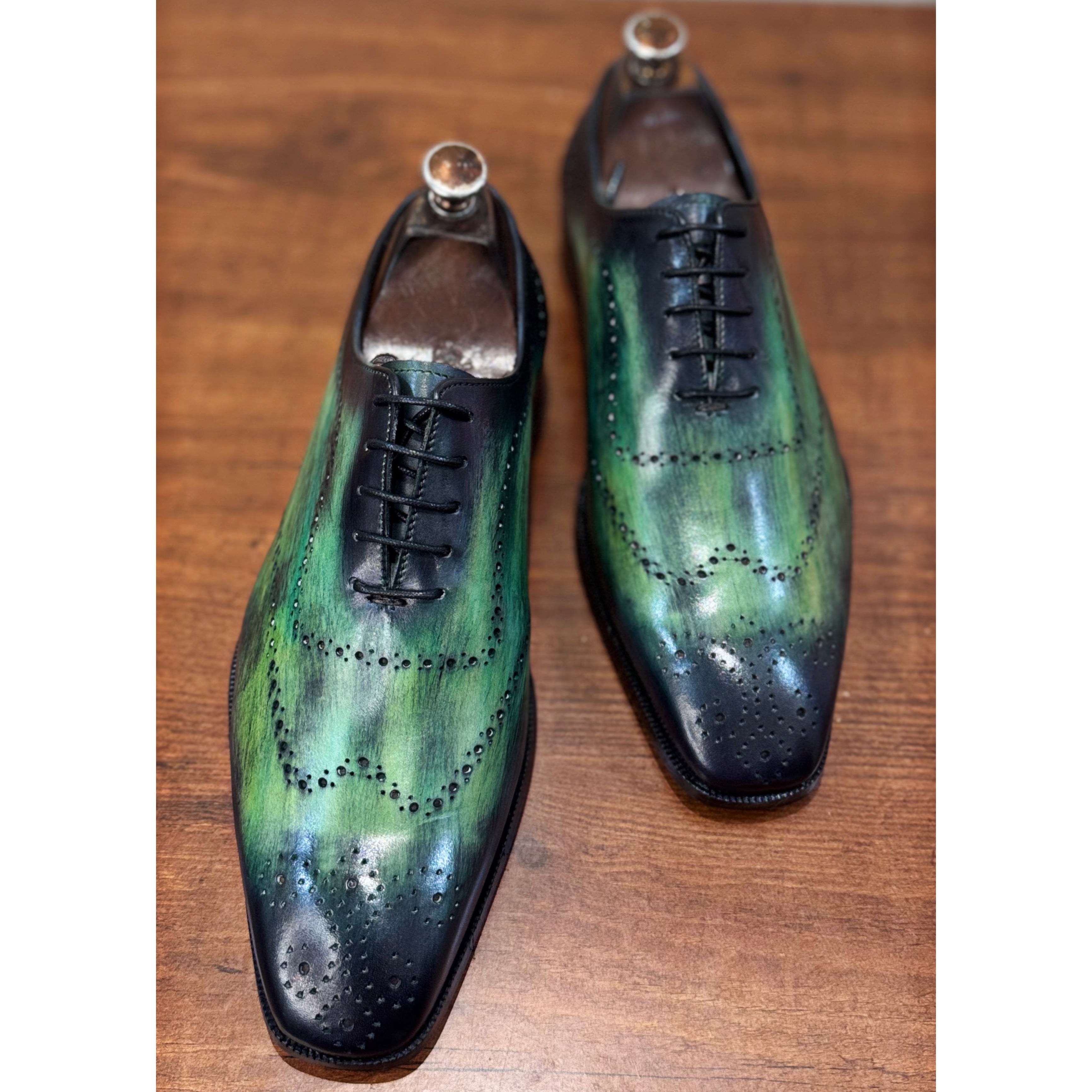 Green Wholecut Laceups Hand Patina