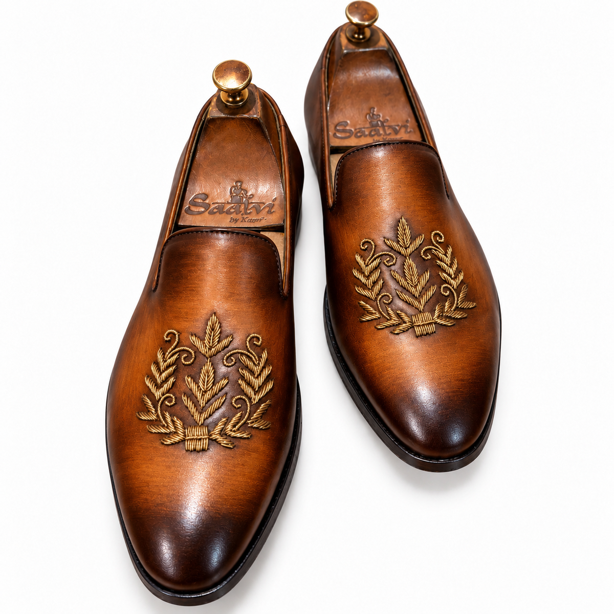 Saalvi Aurelian Cognac Brown Handcrafted Leather Zardosi Loafers