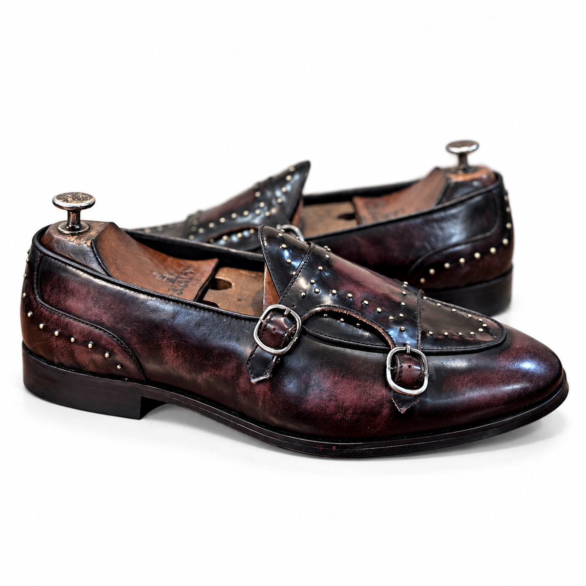Noir Burgundy Double Monk Studded Shoes