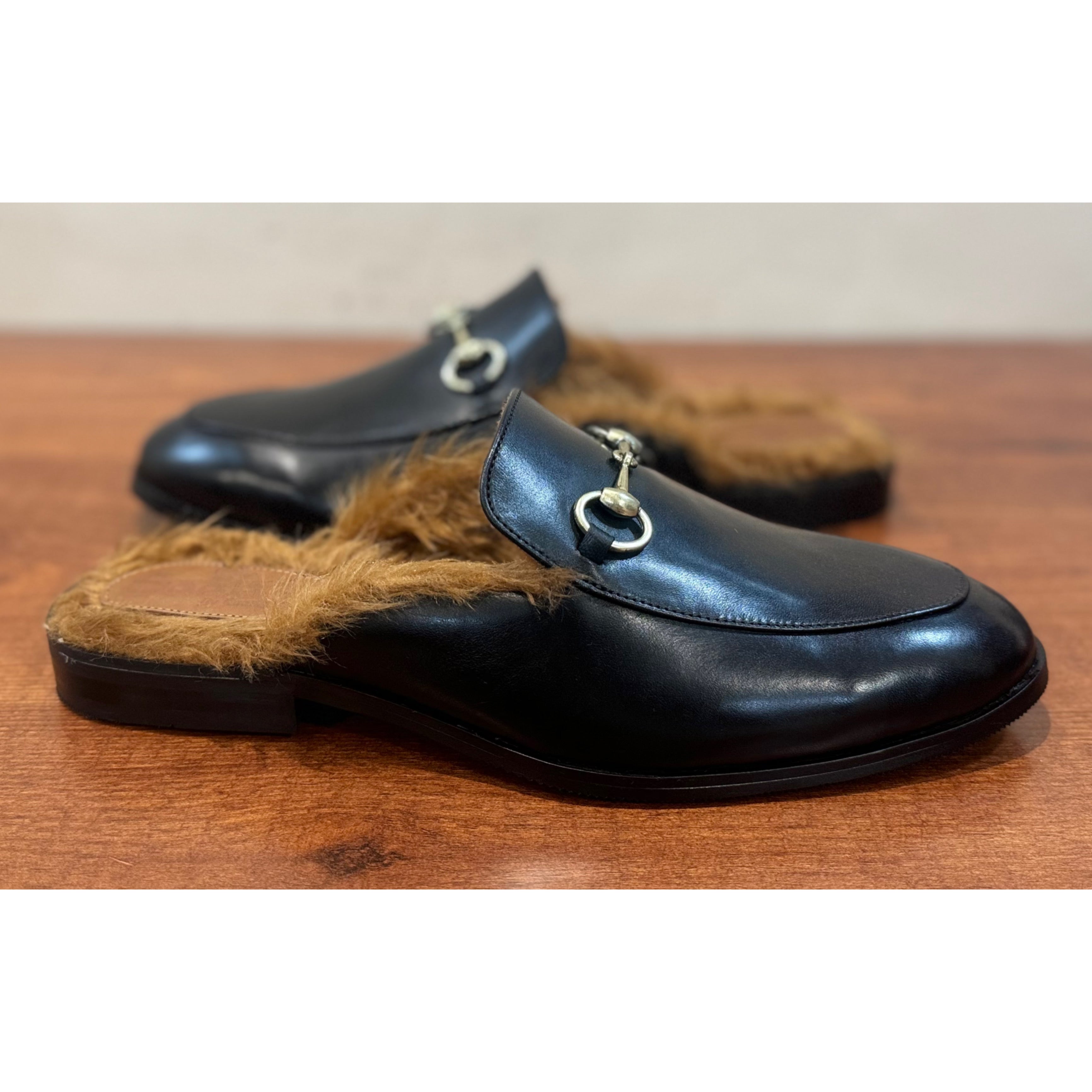 Black Horsebit Mules With Fur