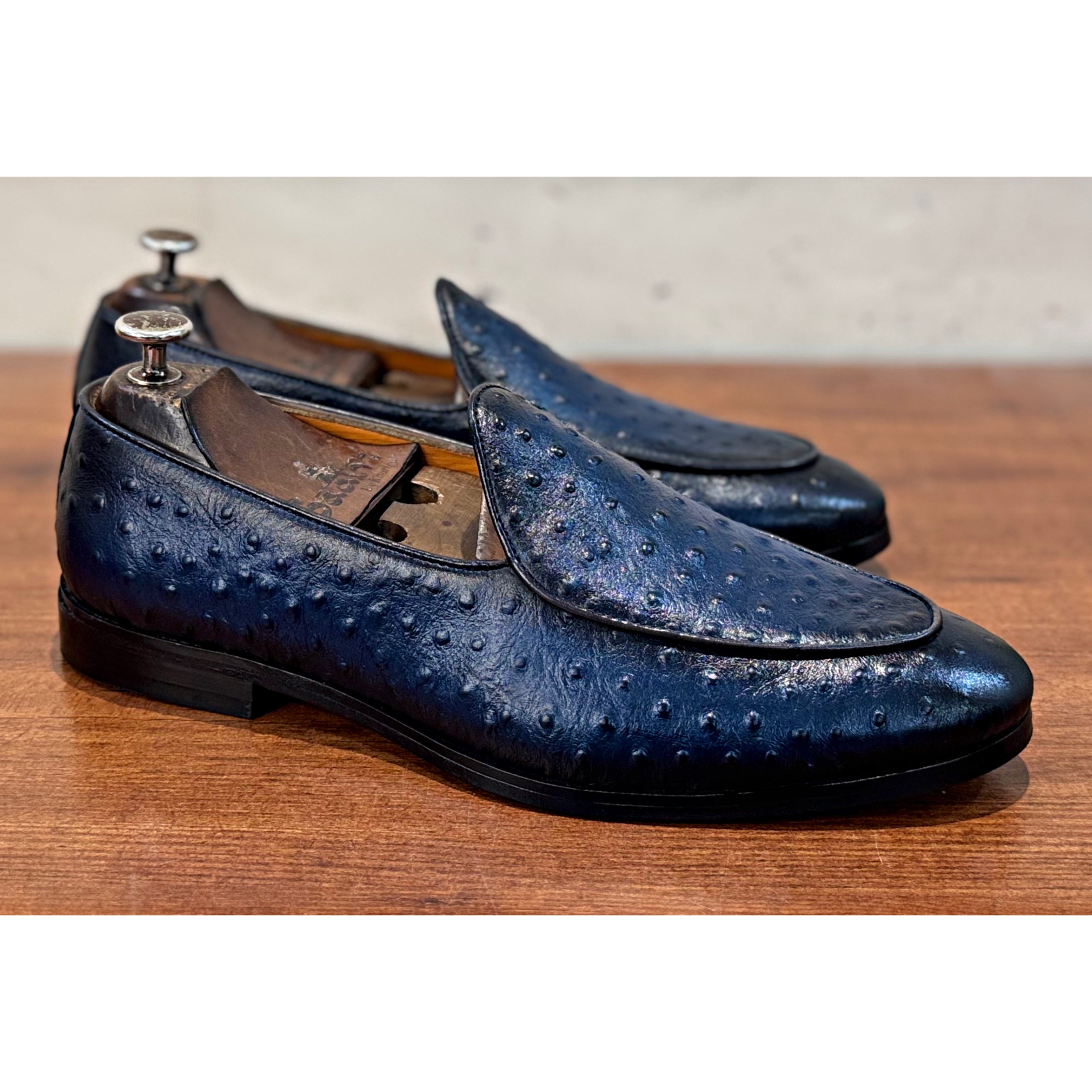 Belgian Loafers Ostrich Hand Patina Blue