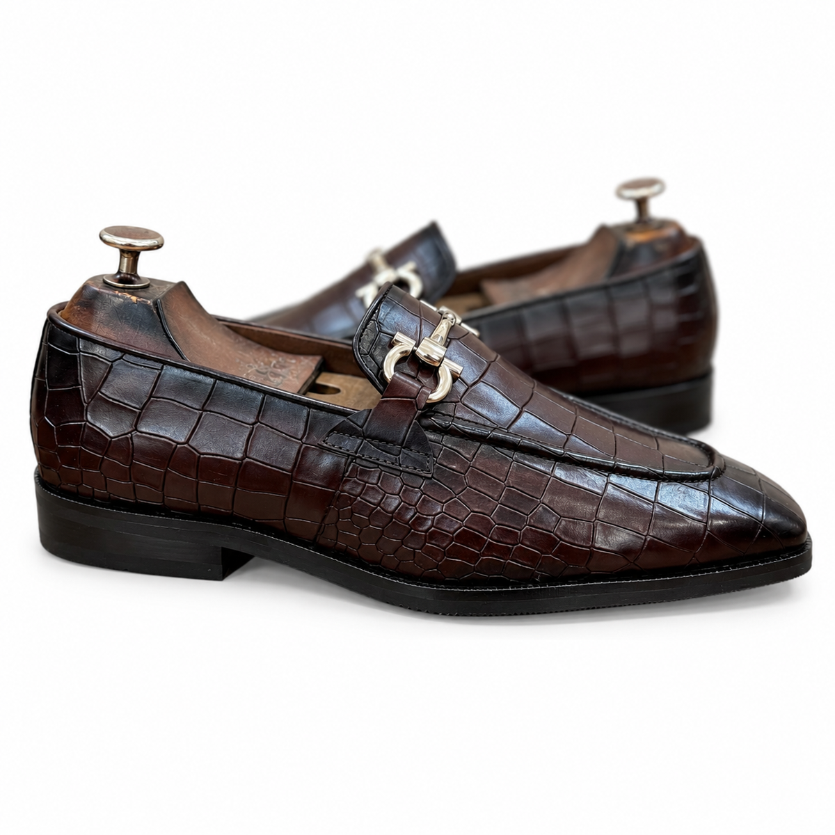 Dark Brown Croc Horsebit Loafers