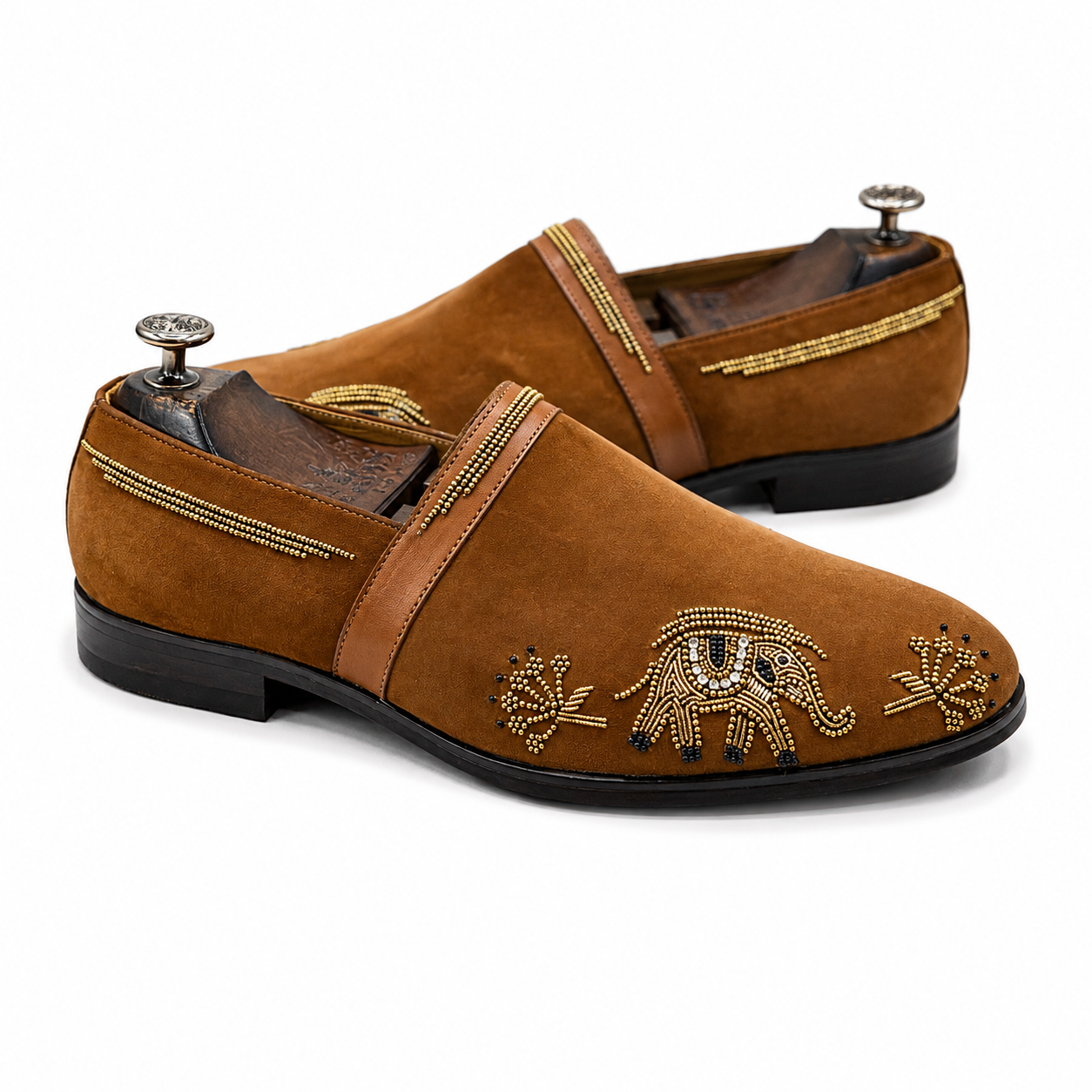 Cognac Elephant Embroidered Beaded Loafers