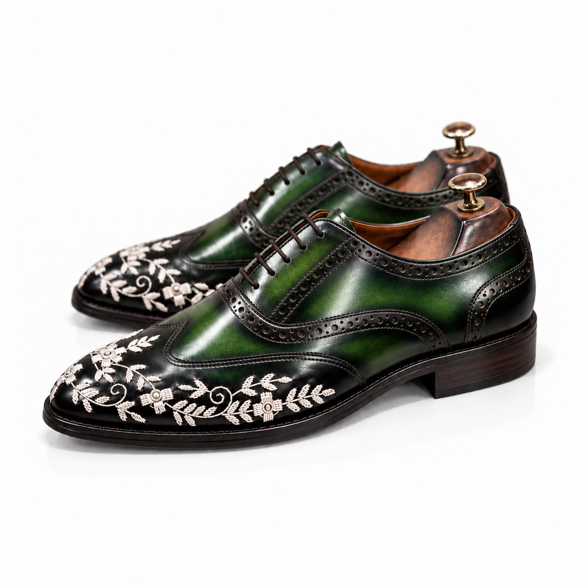 Emerald Sovereign – Green Embroidered Wingtip Oxford
