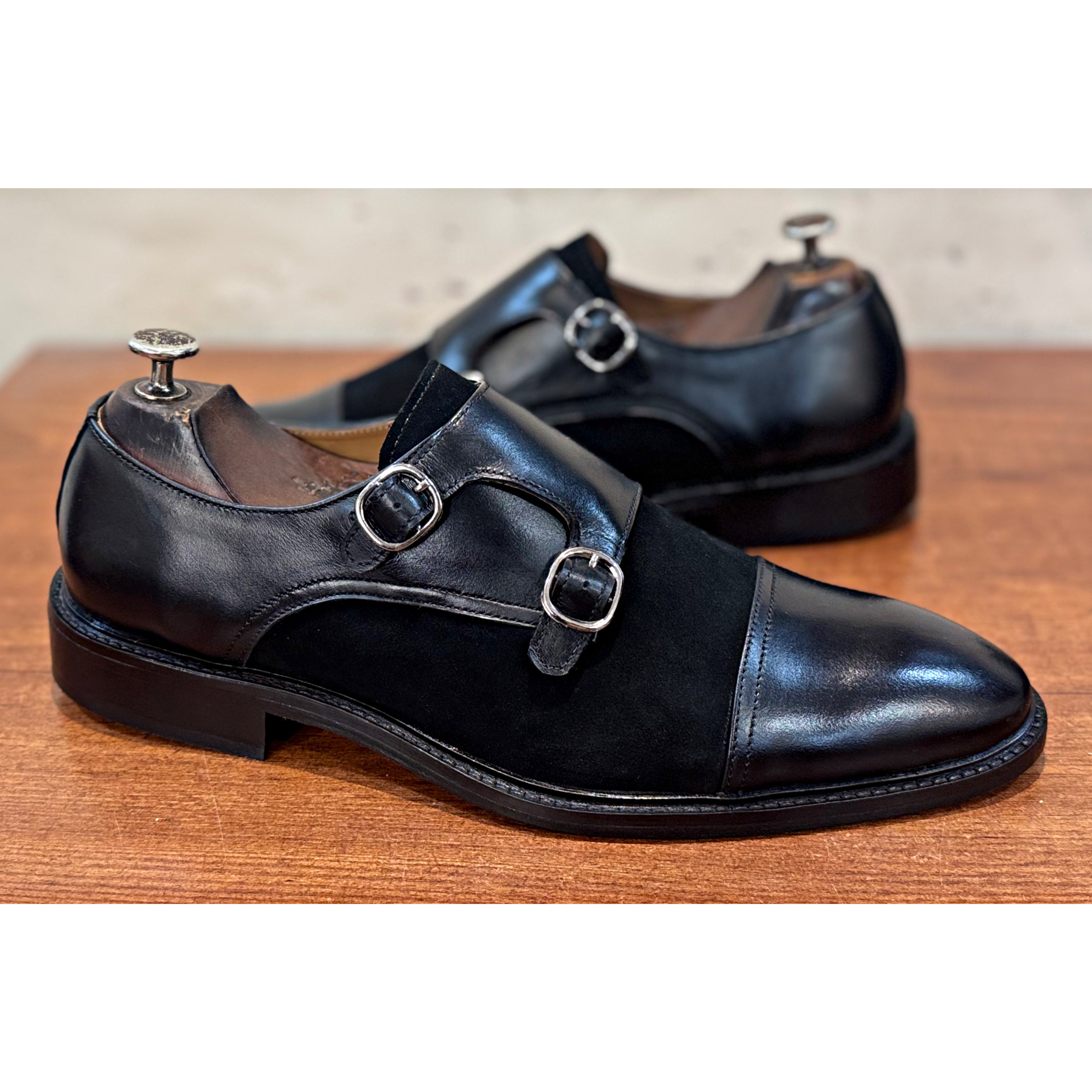 Double Monk Strap Black Suede & Leather