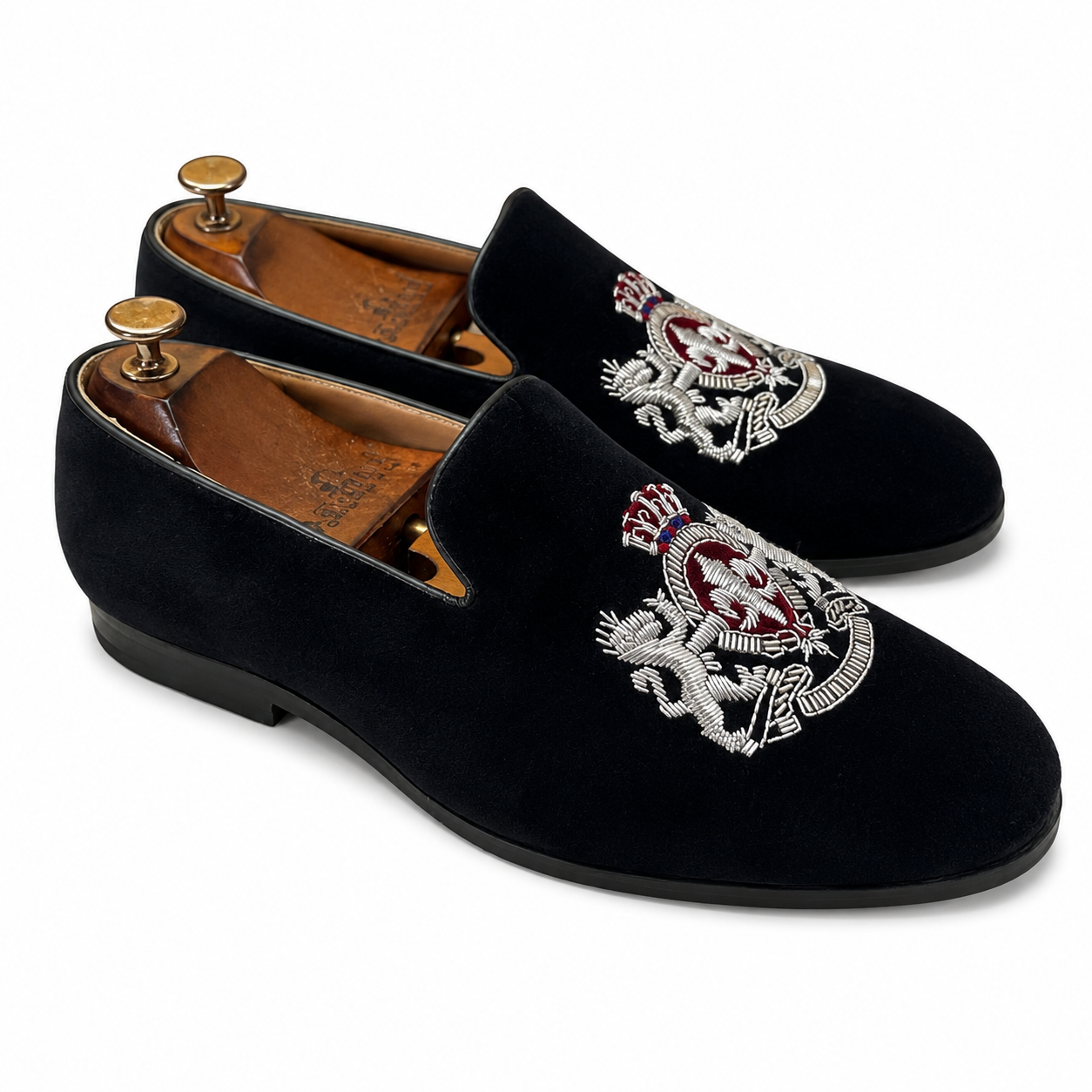Noir Imperial Lion Crest Velvet Slip-Ons