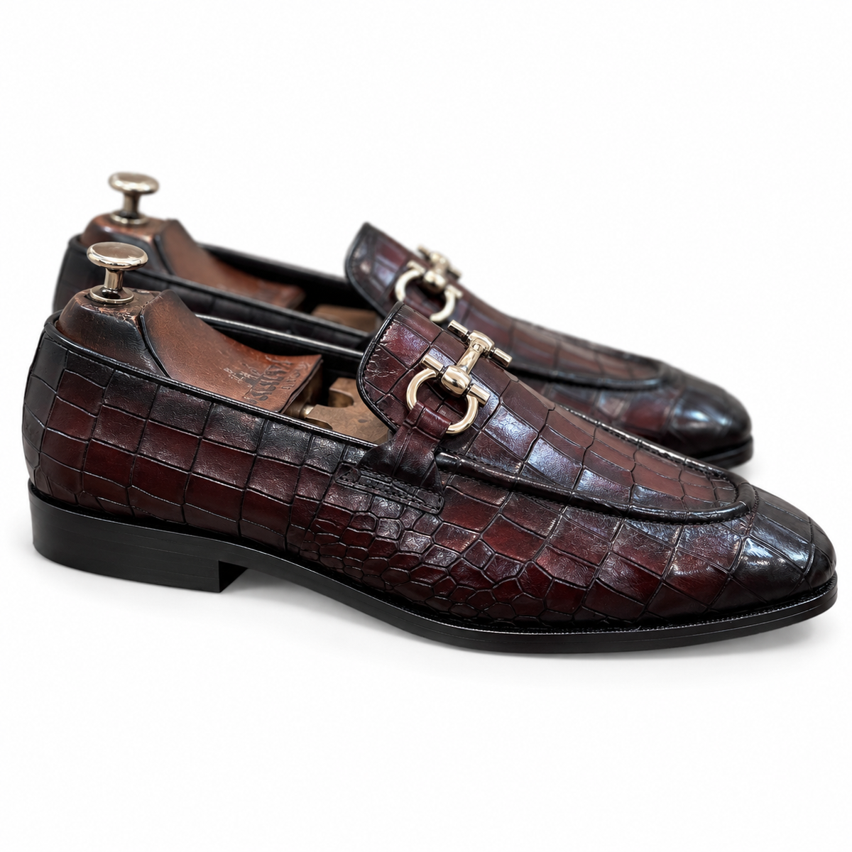 Oxblood Croc Horsebit Loafers