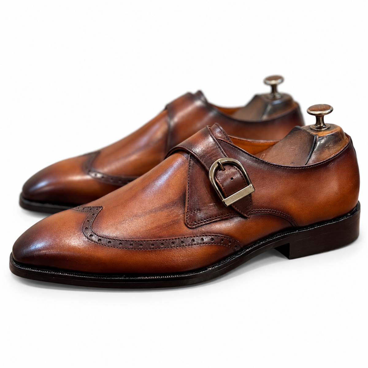 Cognac Artisan Hand-Patina Single Monk Brogue Shoes