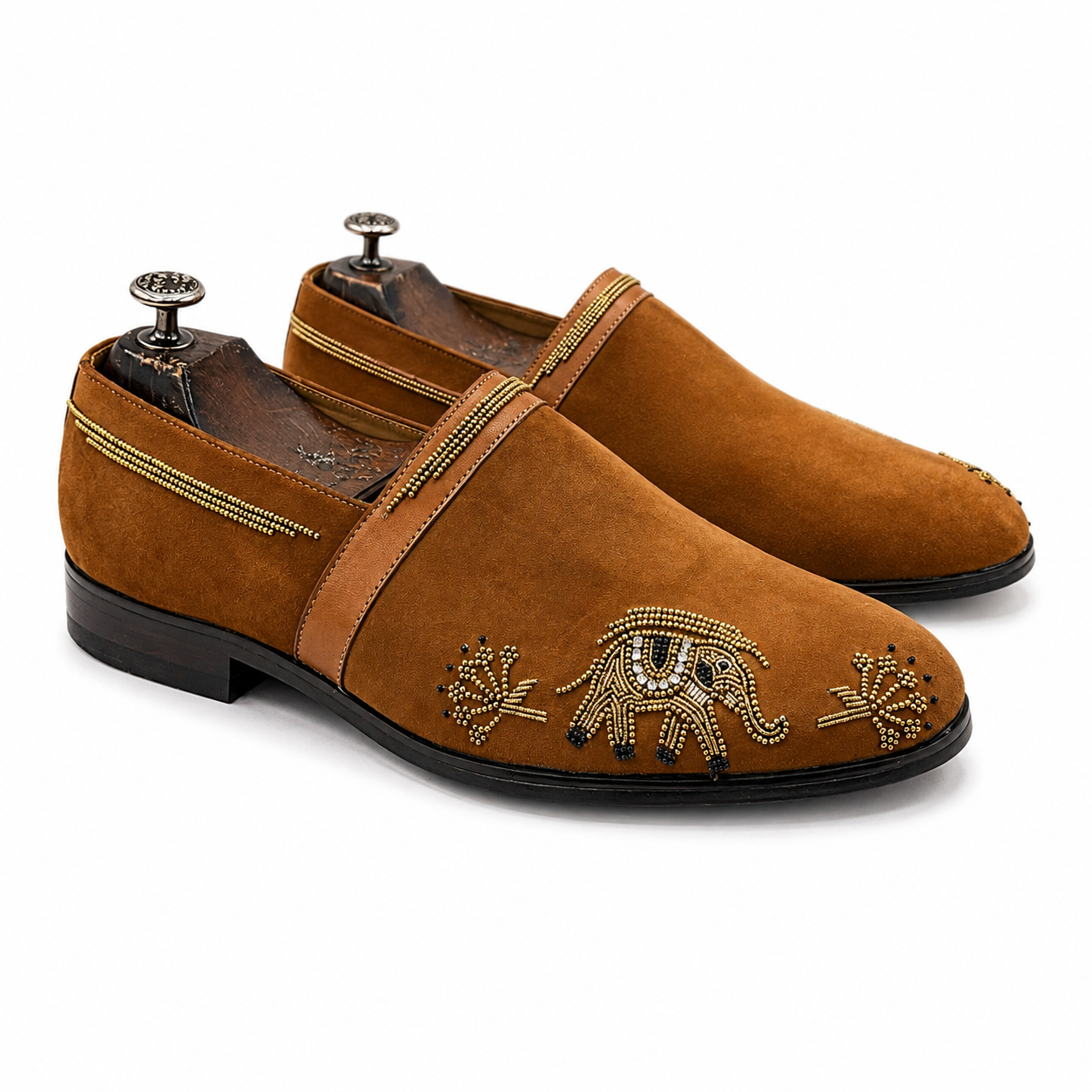 Cognac Elephant Embroidered Beaded Loafers