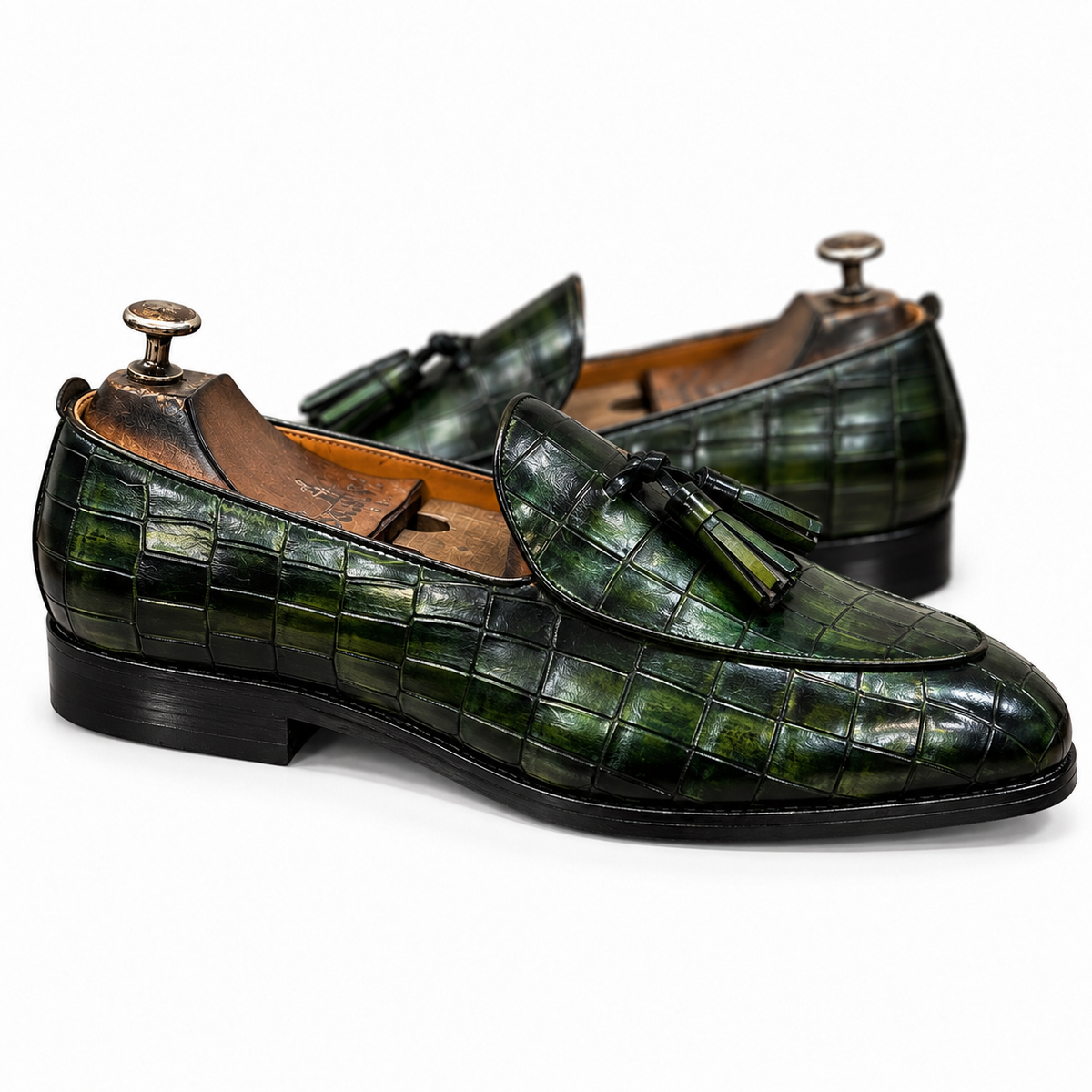 Verde Noir Croco Tassel Loafers