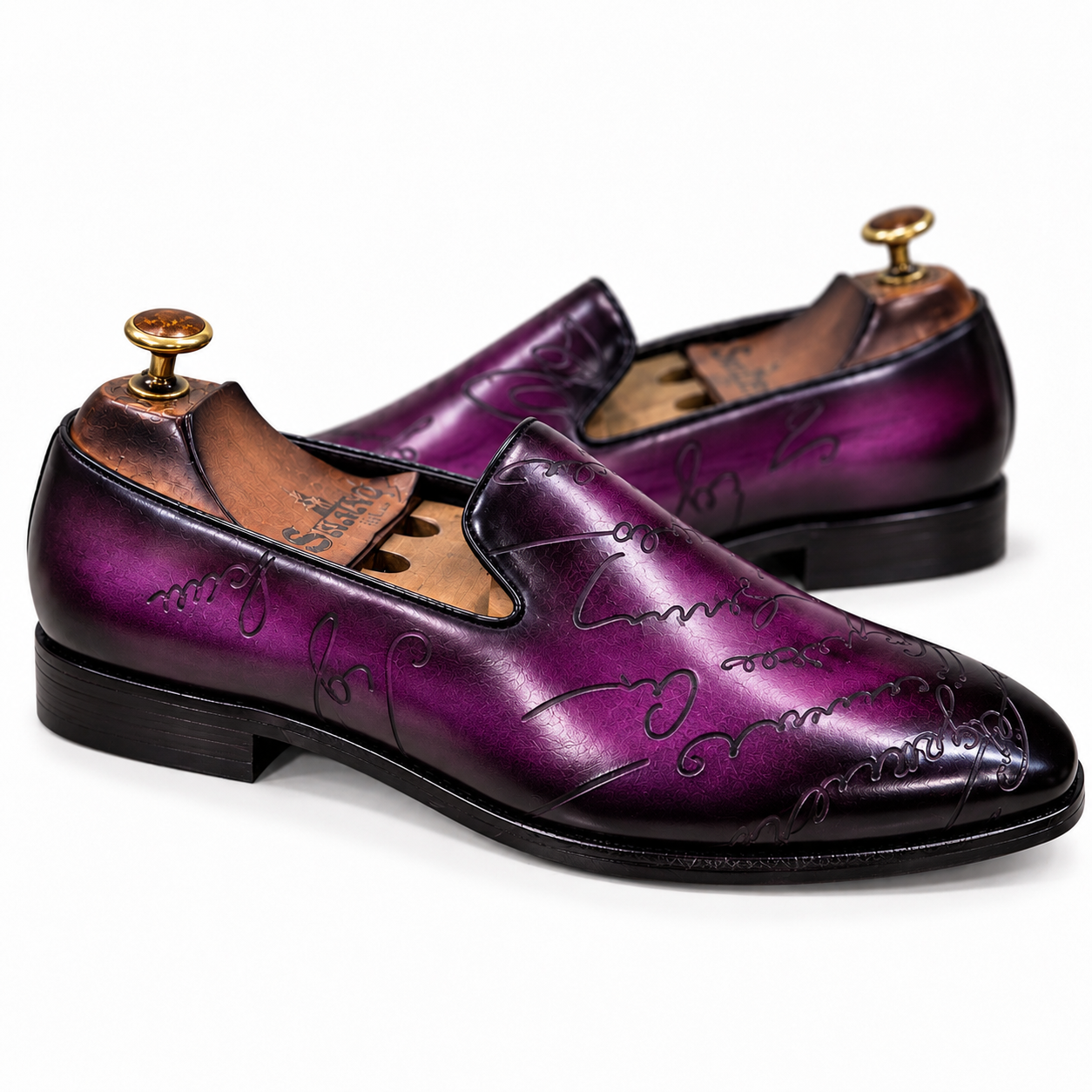 Saalvi Royal Purple Hand-Patina Embossed Leather Loafers for Men