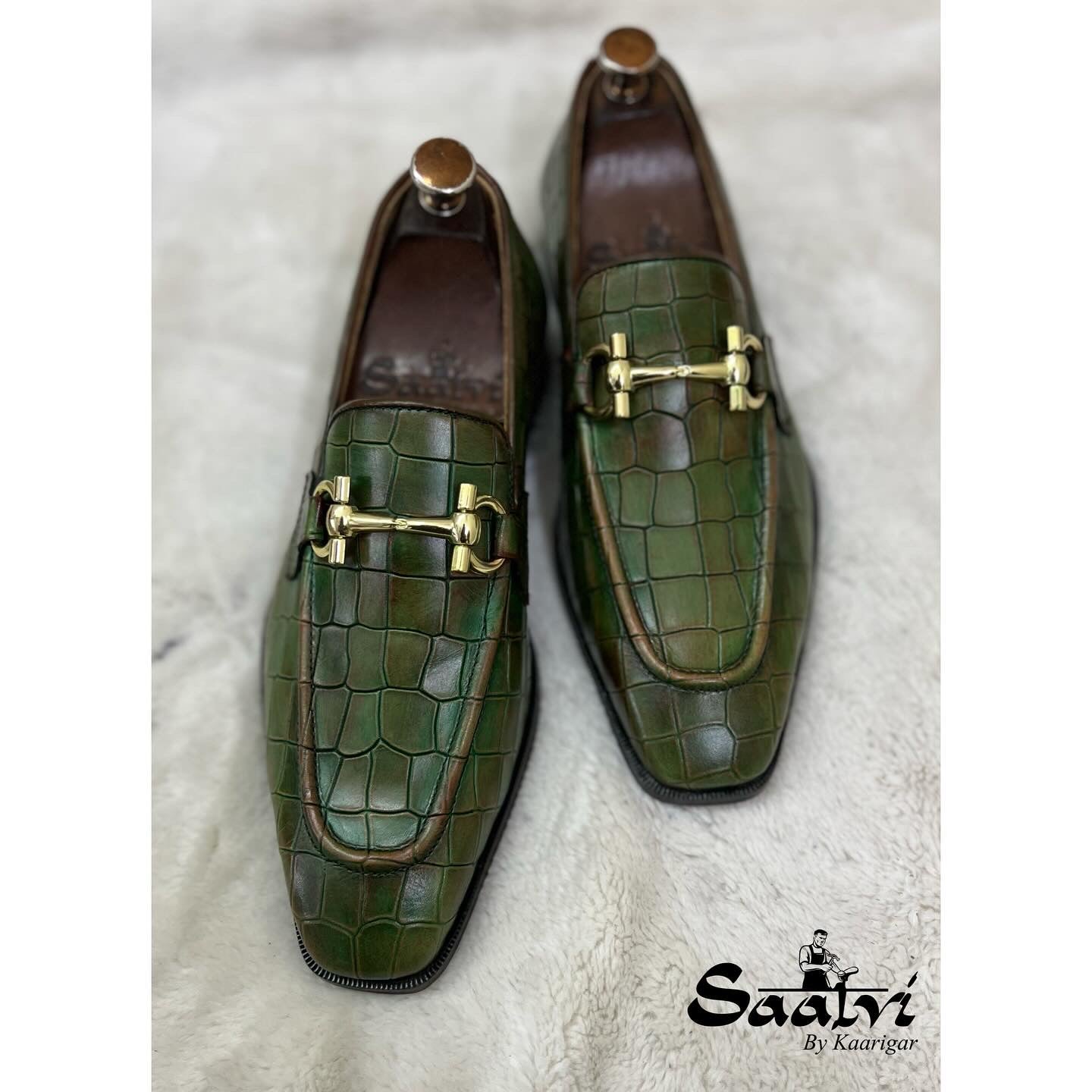 Green Crocodile Loafers With Buckle