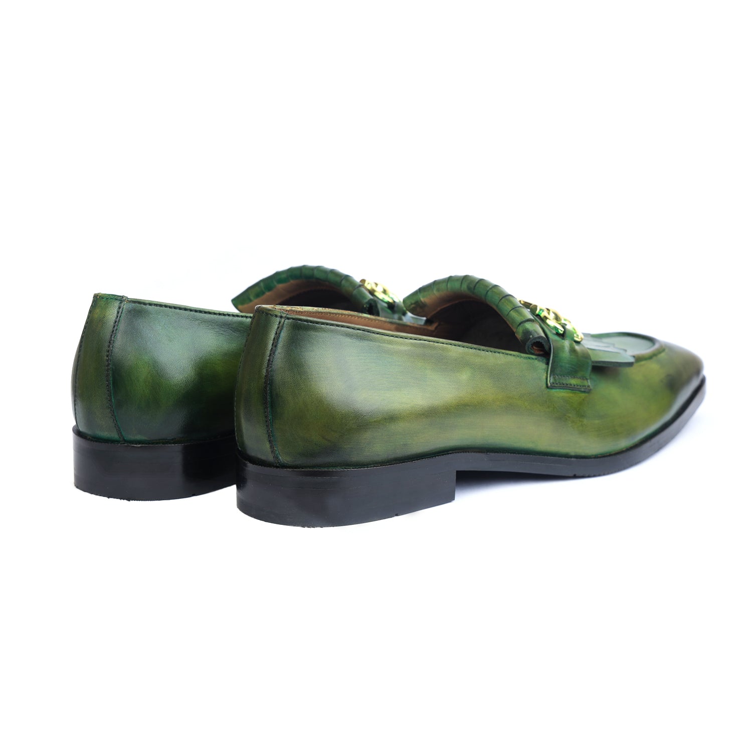 Green Hand Patina Loafers Fringes