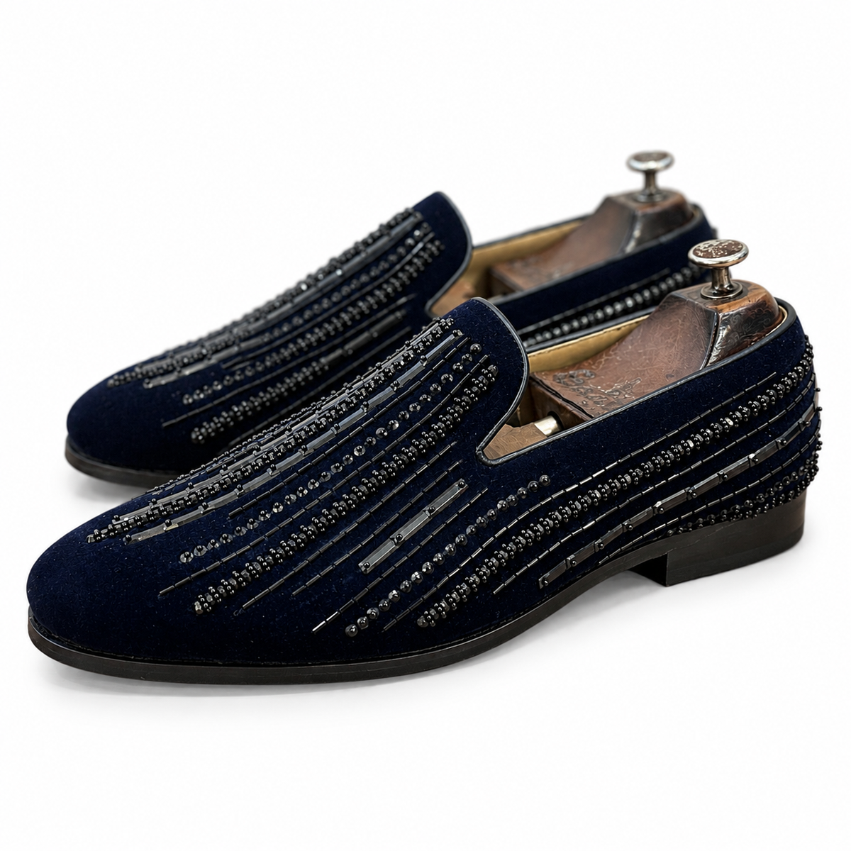 Barone Coal Navy Embroidered Velvet Loafers