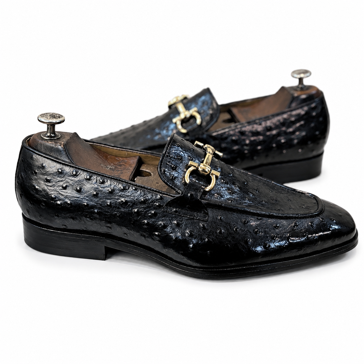 Men’s Black Ostrich-Embossed Leather Horsebit Loafers – Luxury Slip-On Formal Shoes